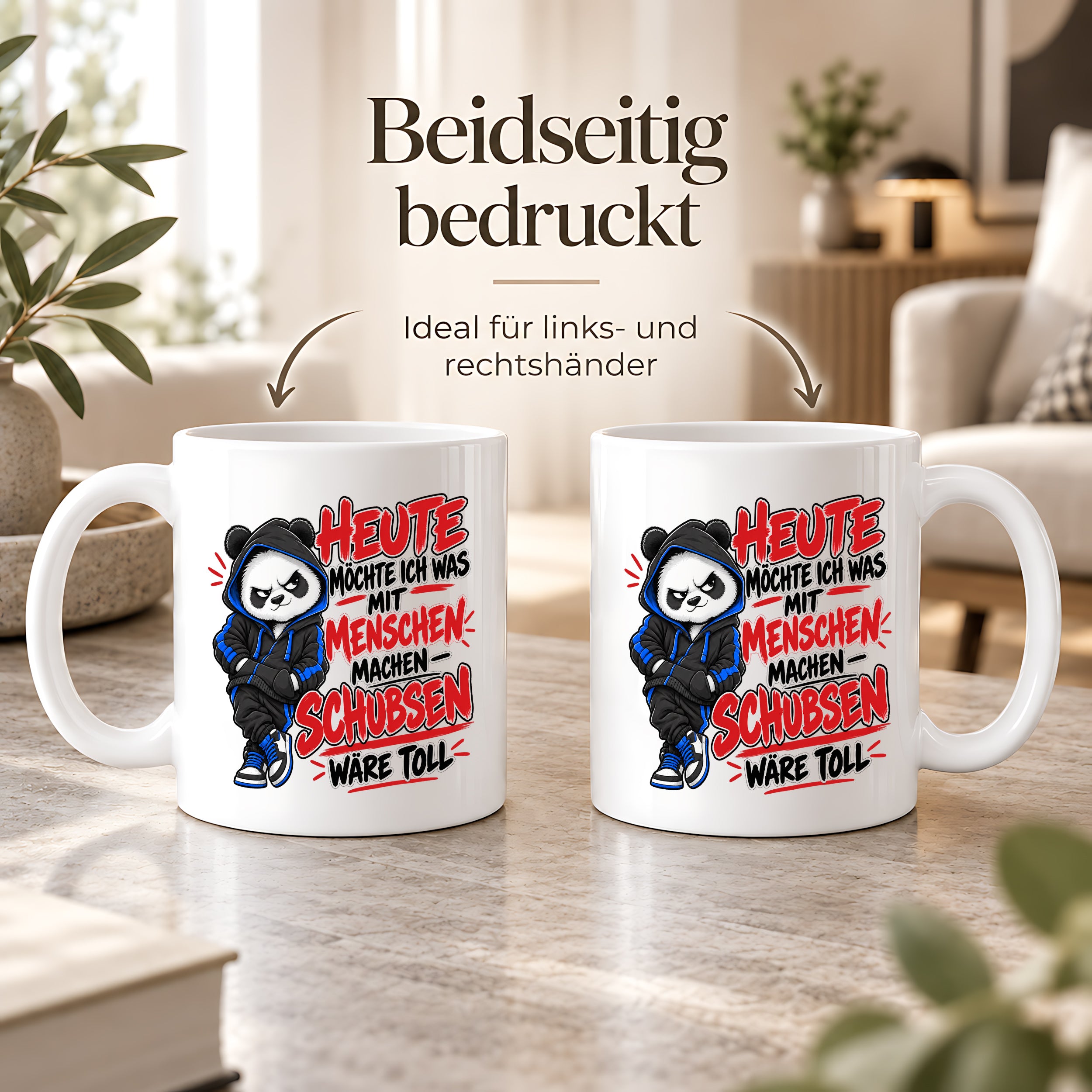 Herzbotschaft Tasse Menschen schubsen lustiger Panda Spruch 330 ml