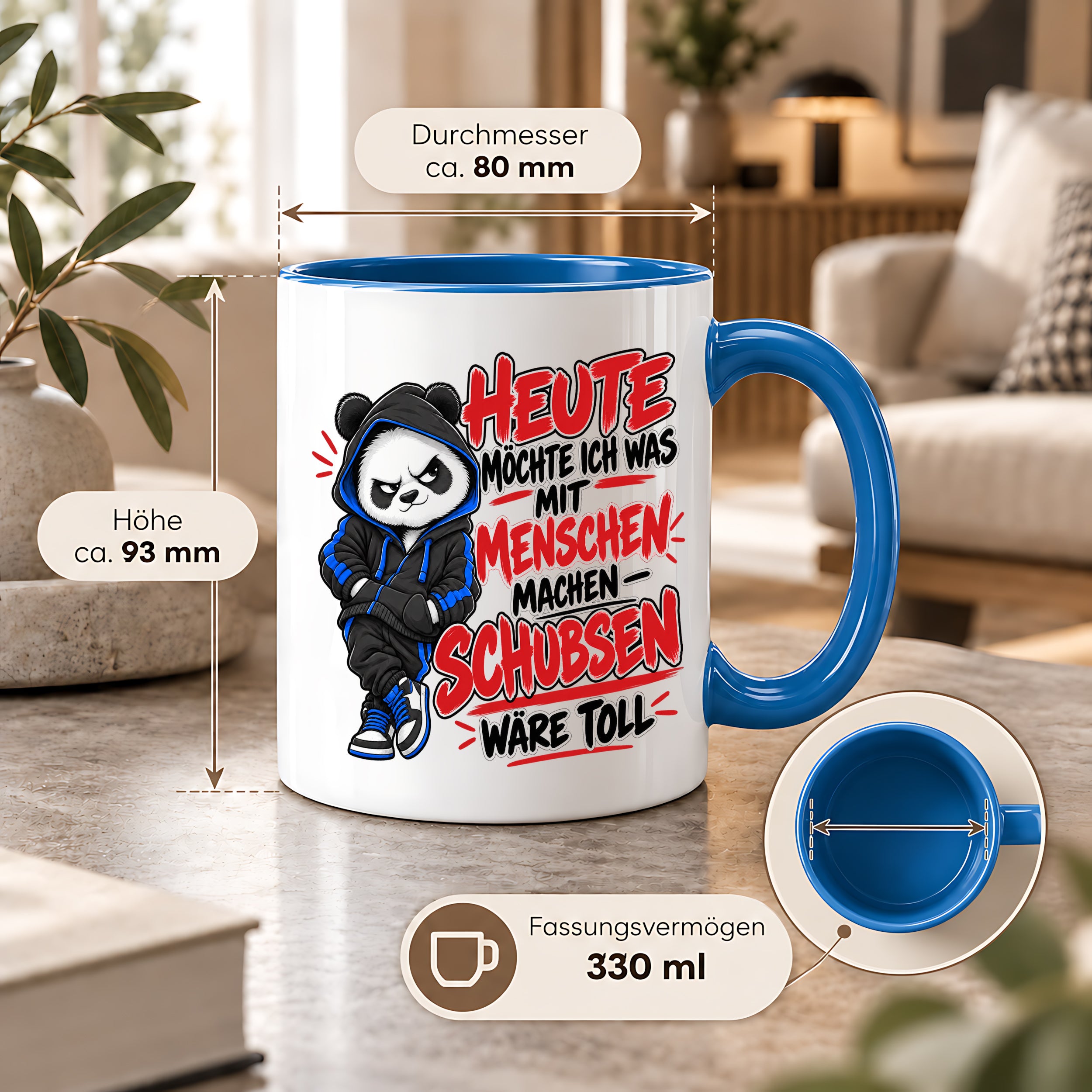 Herzbotschaft Tasse Menschen schubsen lustiger Panda Spruch 330 ml