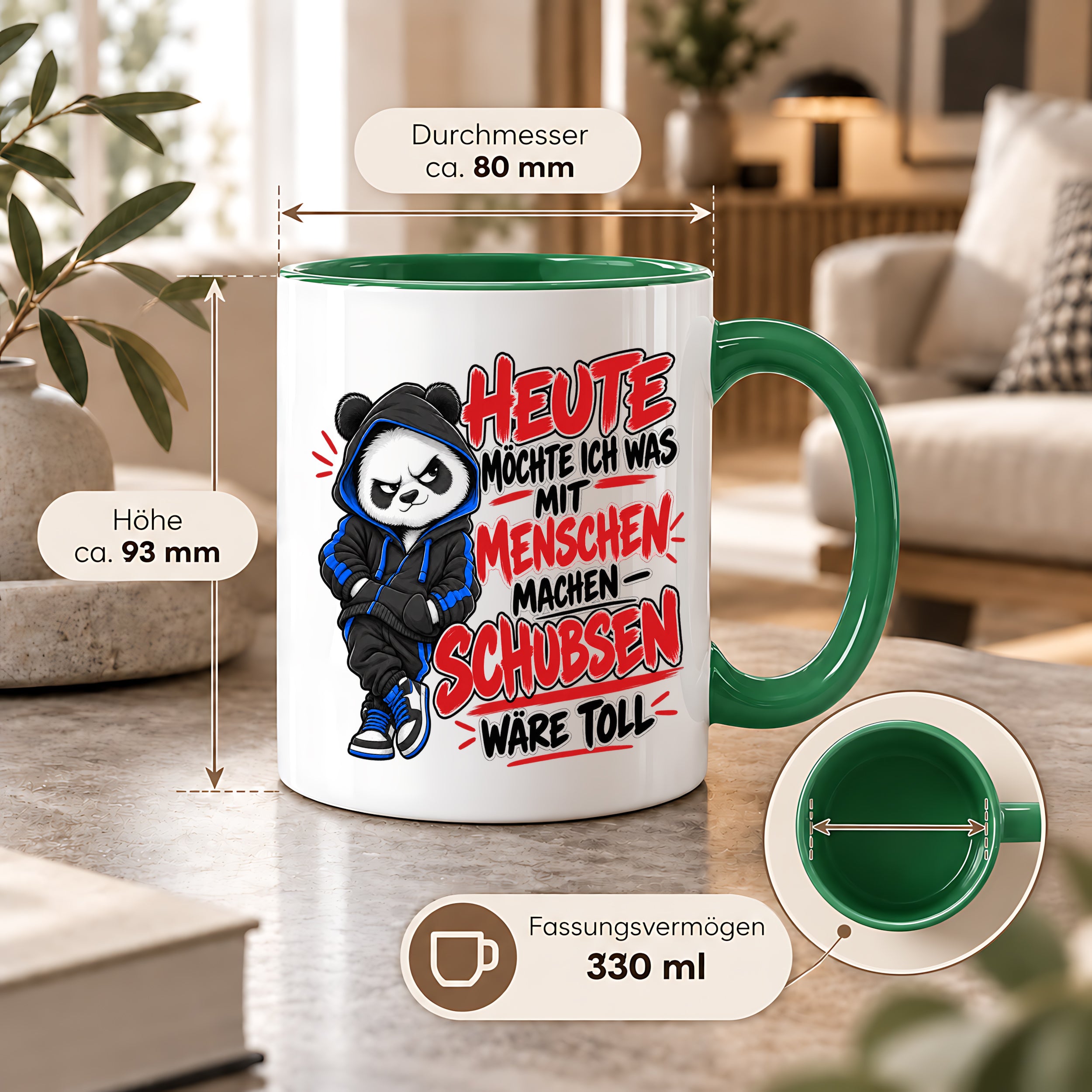 Herzbotschaft Tasse Menschen schubsen lustiger Panda Spruch 330 ml
