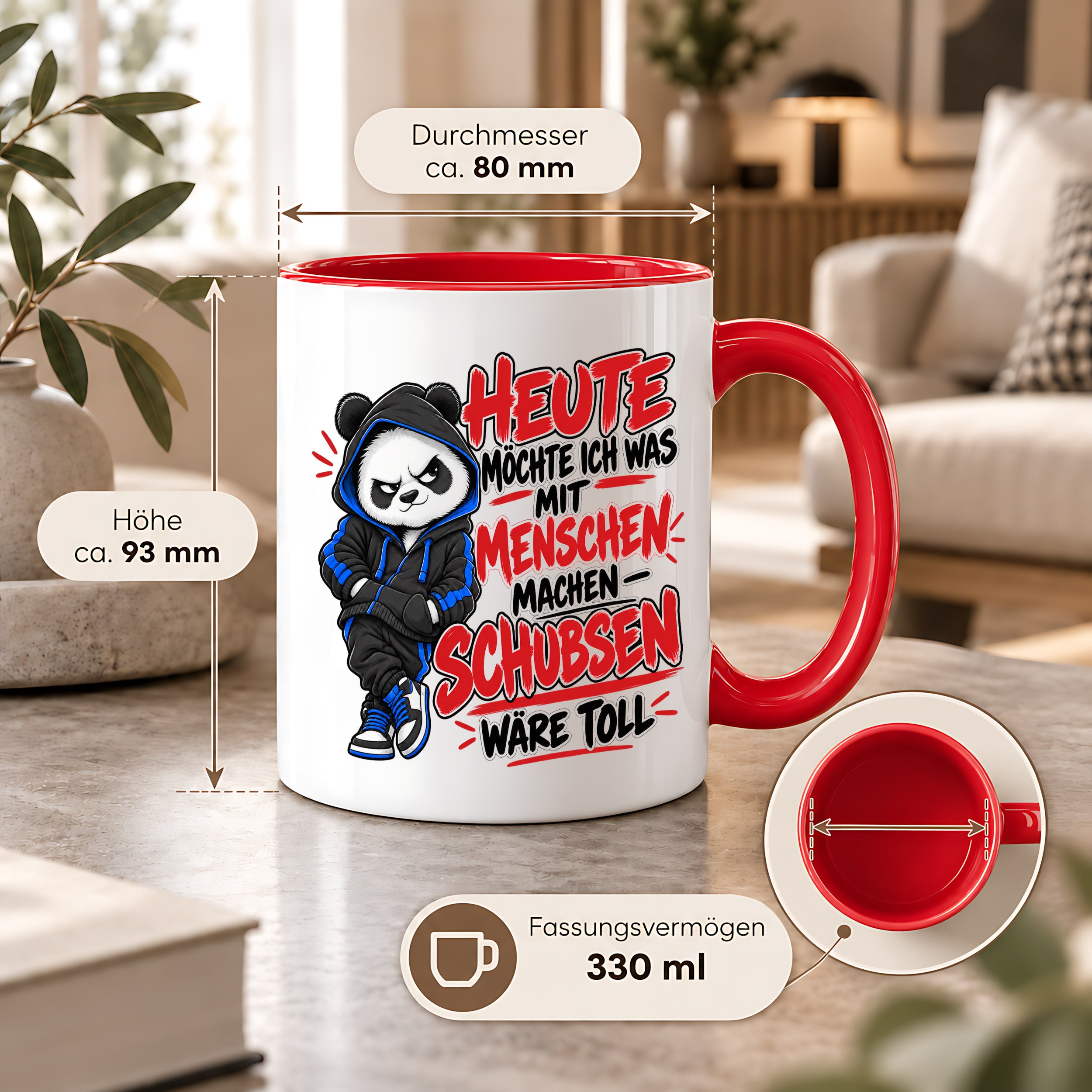 Herzbotschaft Tasse Menschen schubsen lustiger Panda Spruch 330 ml