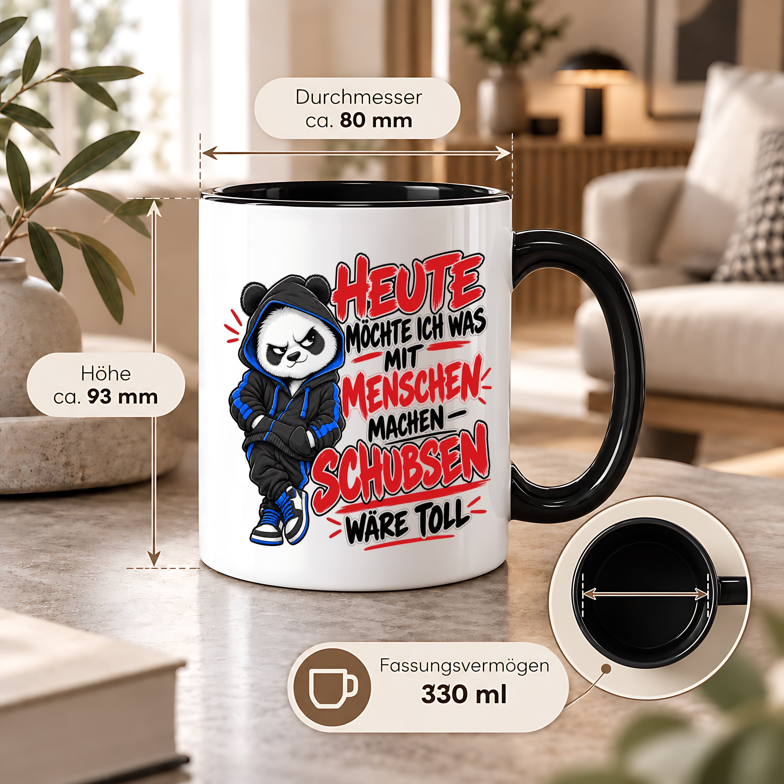 Herzbotschaft Tasse Menschen schubsen lustiger Panda Spruch 330 ml