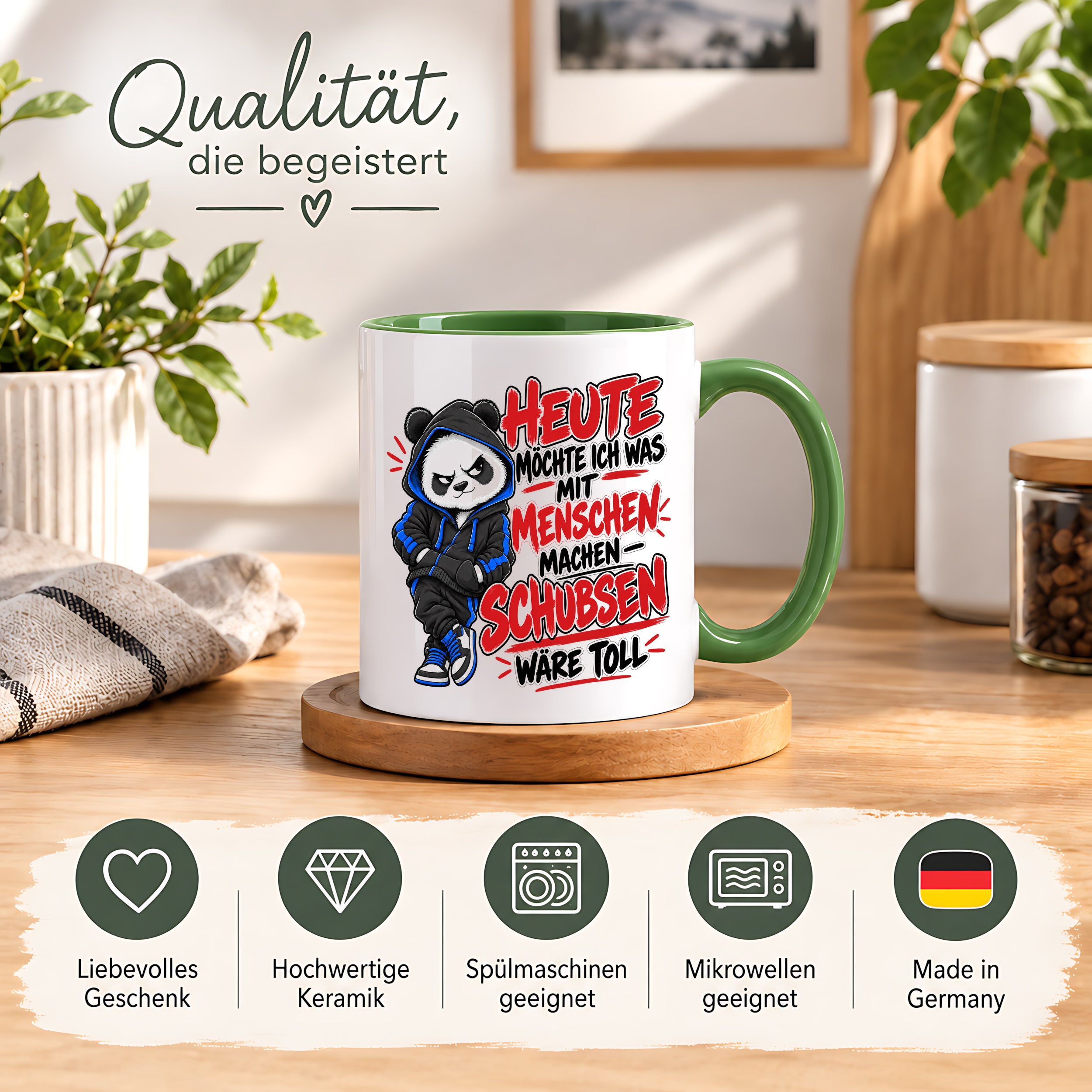 Herzbotschaft Tasse Menschen schubsen lustiger Panda Spruch 330 ml