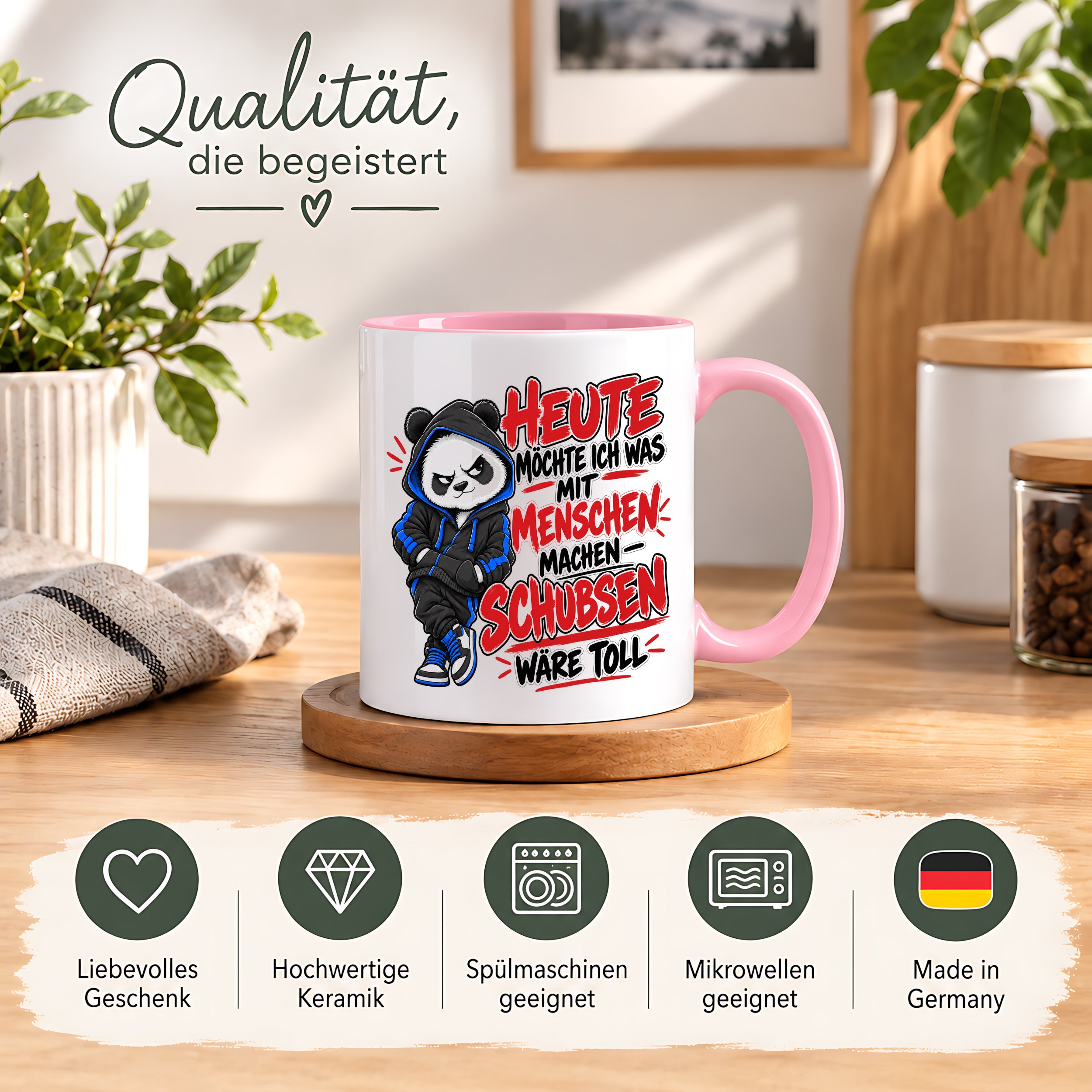 Herzbotschaft Tasse Menschen schubsen lustiger Panda Spruch 330 ml