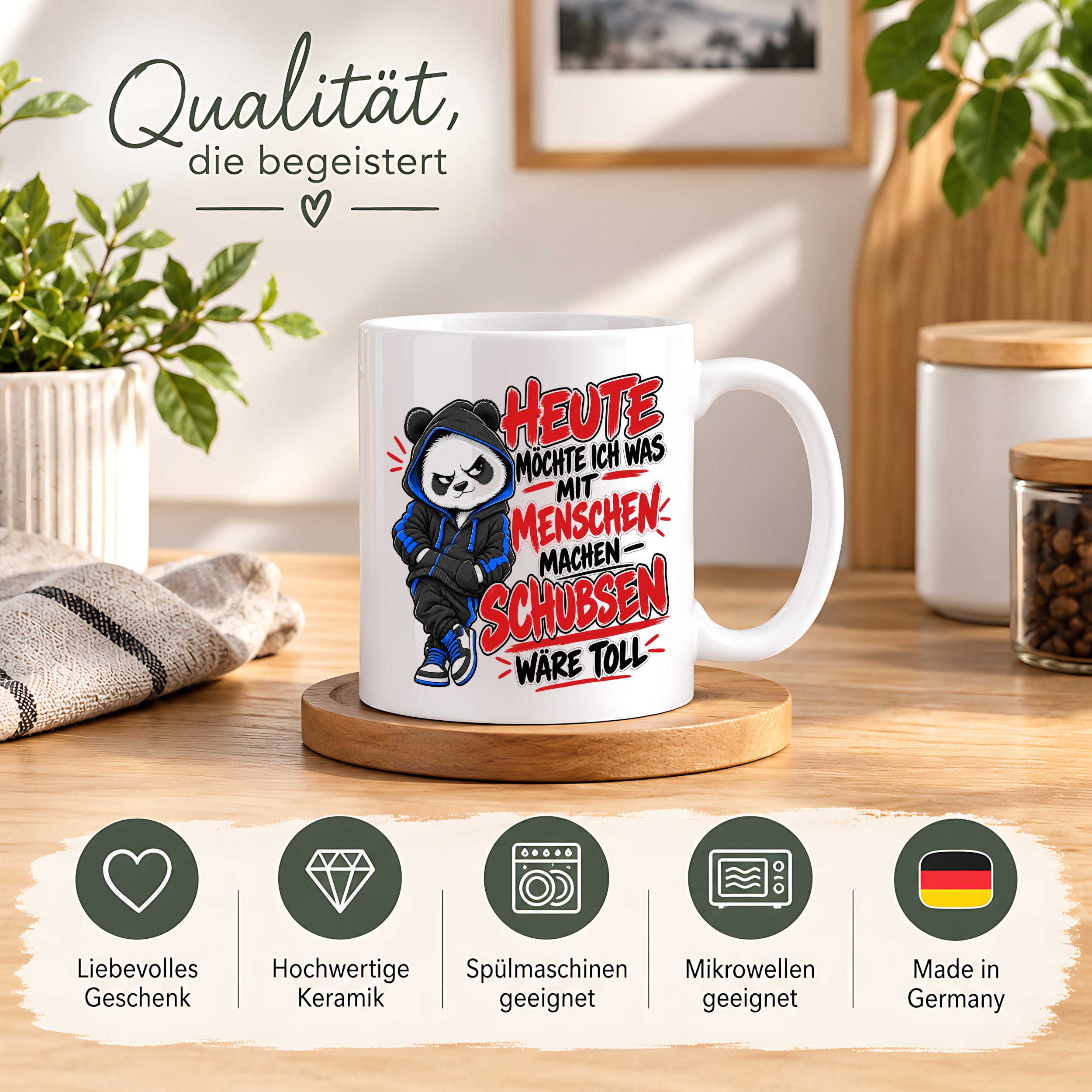 Herzbotschaft Tasse Menschen schubsen lustiger Panda Spruch 330 ml