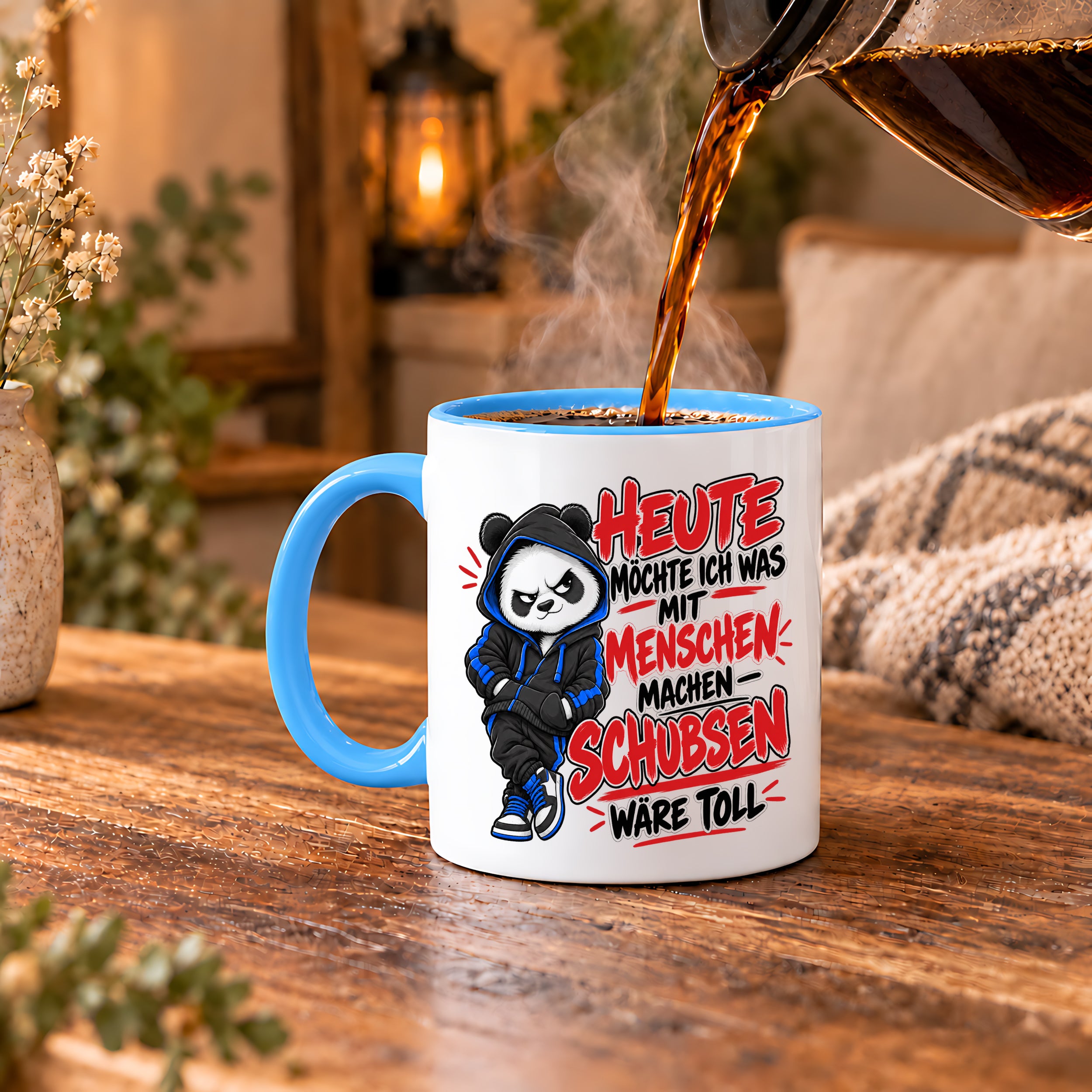 Herzbotschaft Tasse Menschen schubsen lustiger Panda Spruch 330 ml
