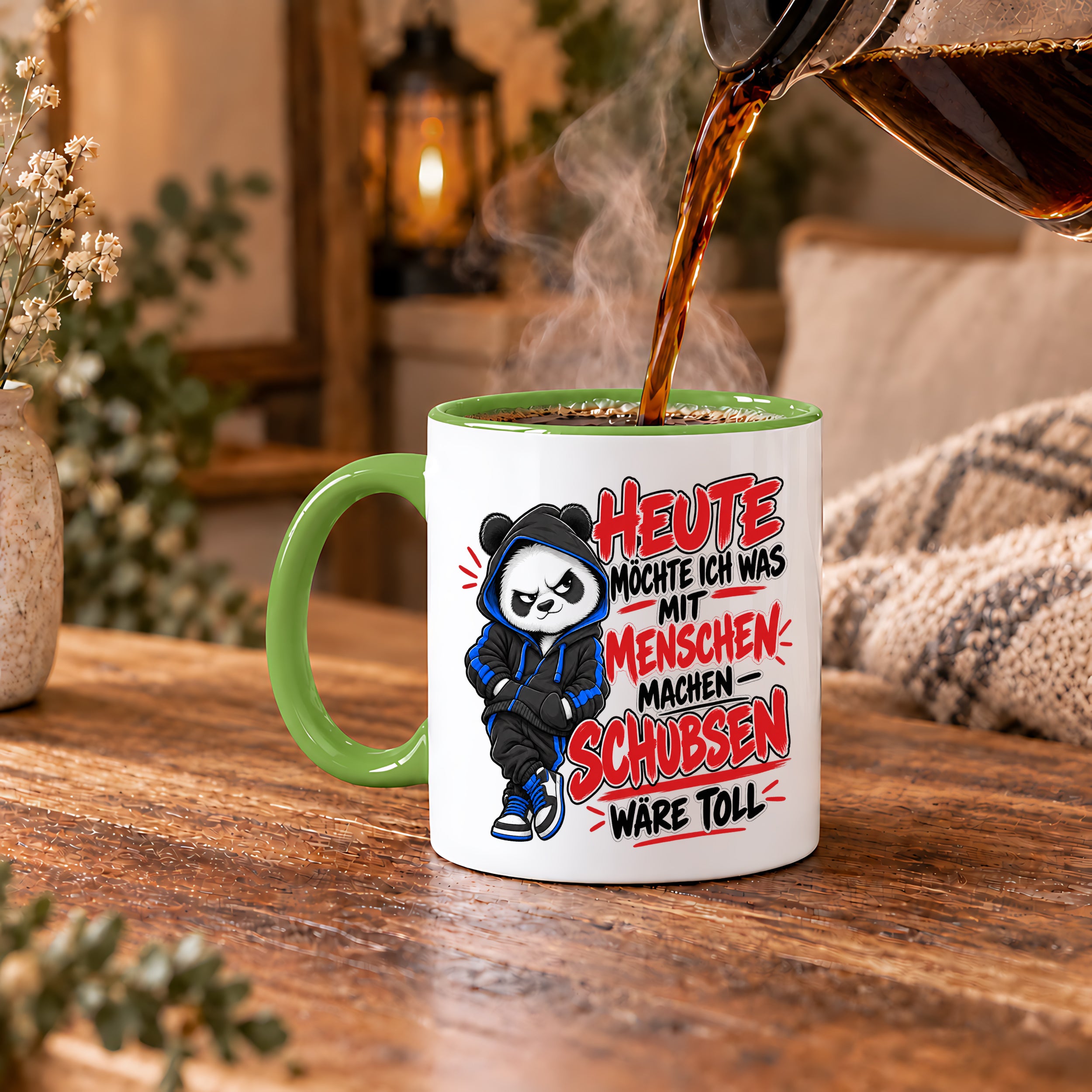Herzbotschaft Tasse Menschen schubsen lustiger Panda Spruch 330 ml