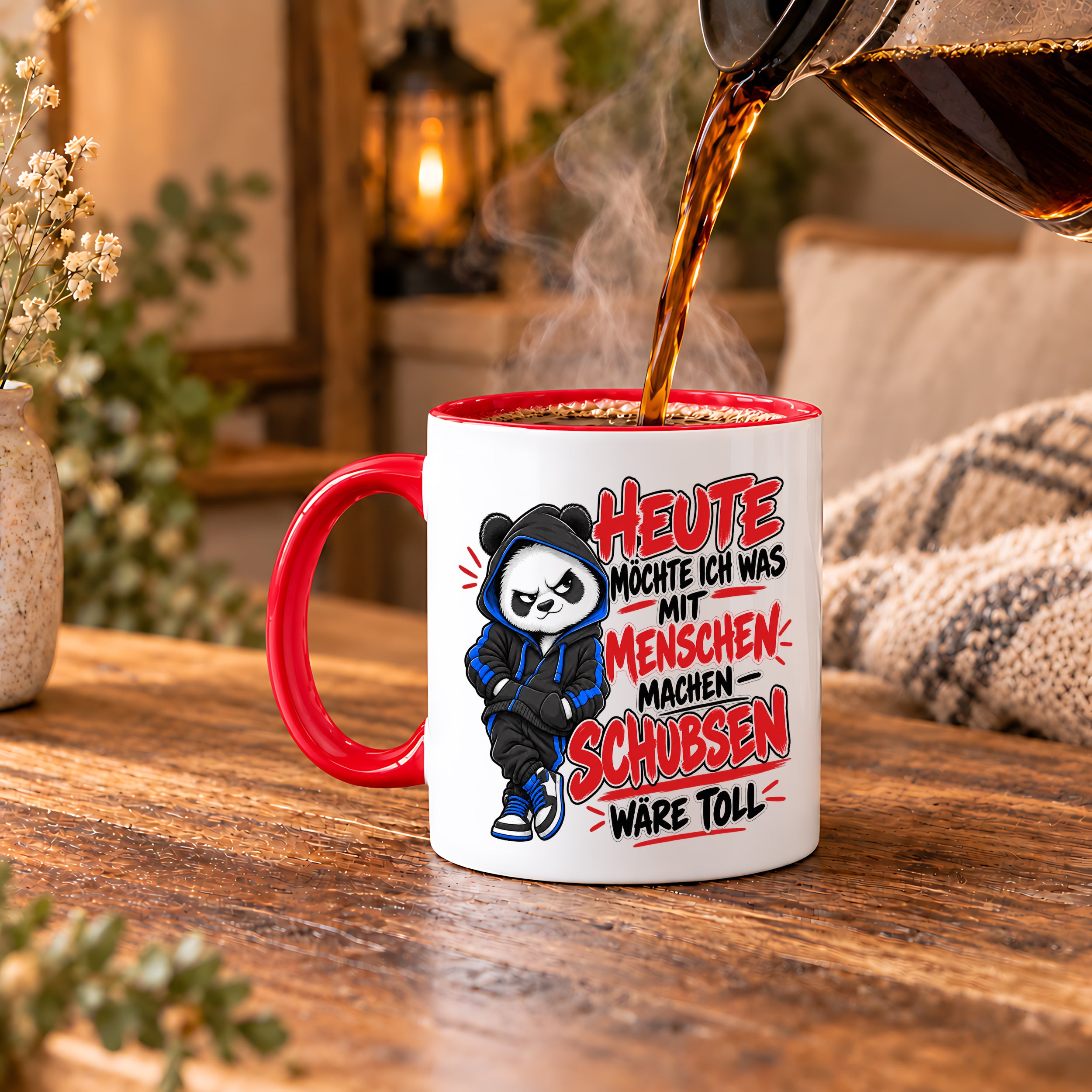 Herzbotschaft Tasse Menschen schubsen lustiger Panda Spruch 330 ml