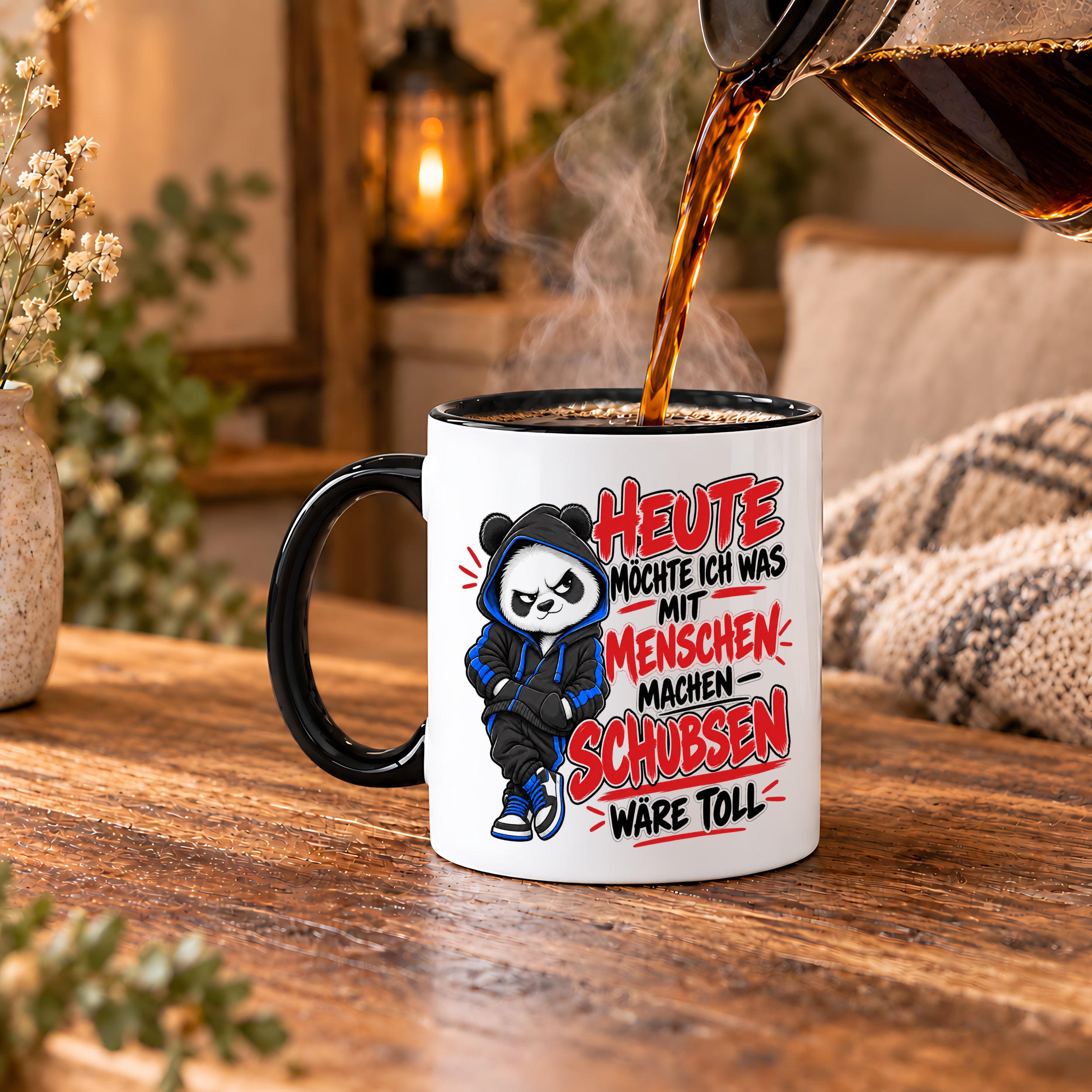 Herzbotschaft Tasse Menschen schubsen lustiger Panda Spruch 330 ml