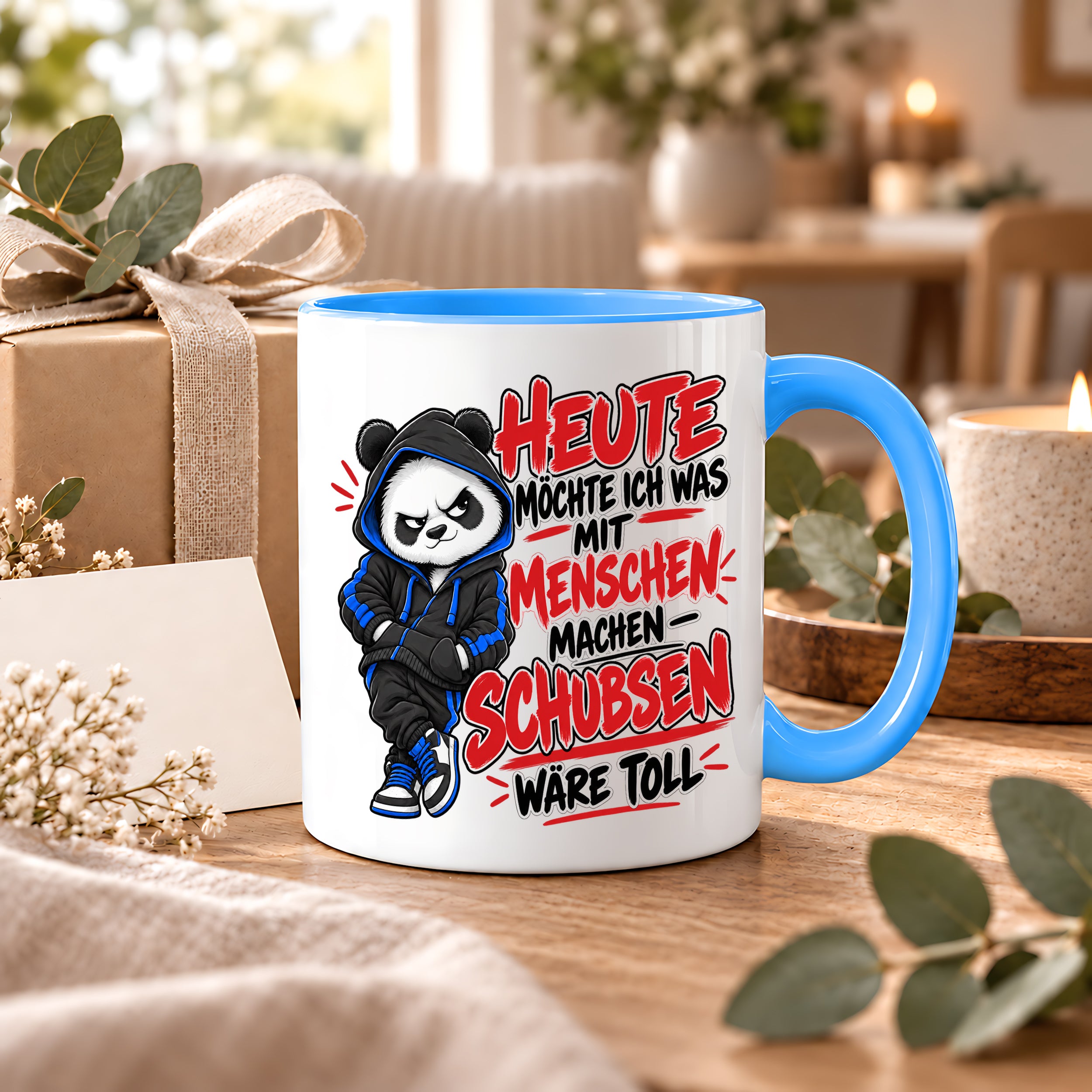 Herzbotschaft Tasse Menschen schubsen lustiger Panda Spruch 330 ml