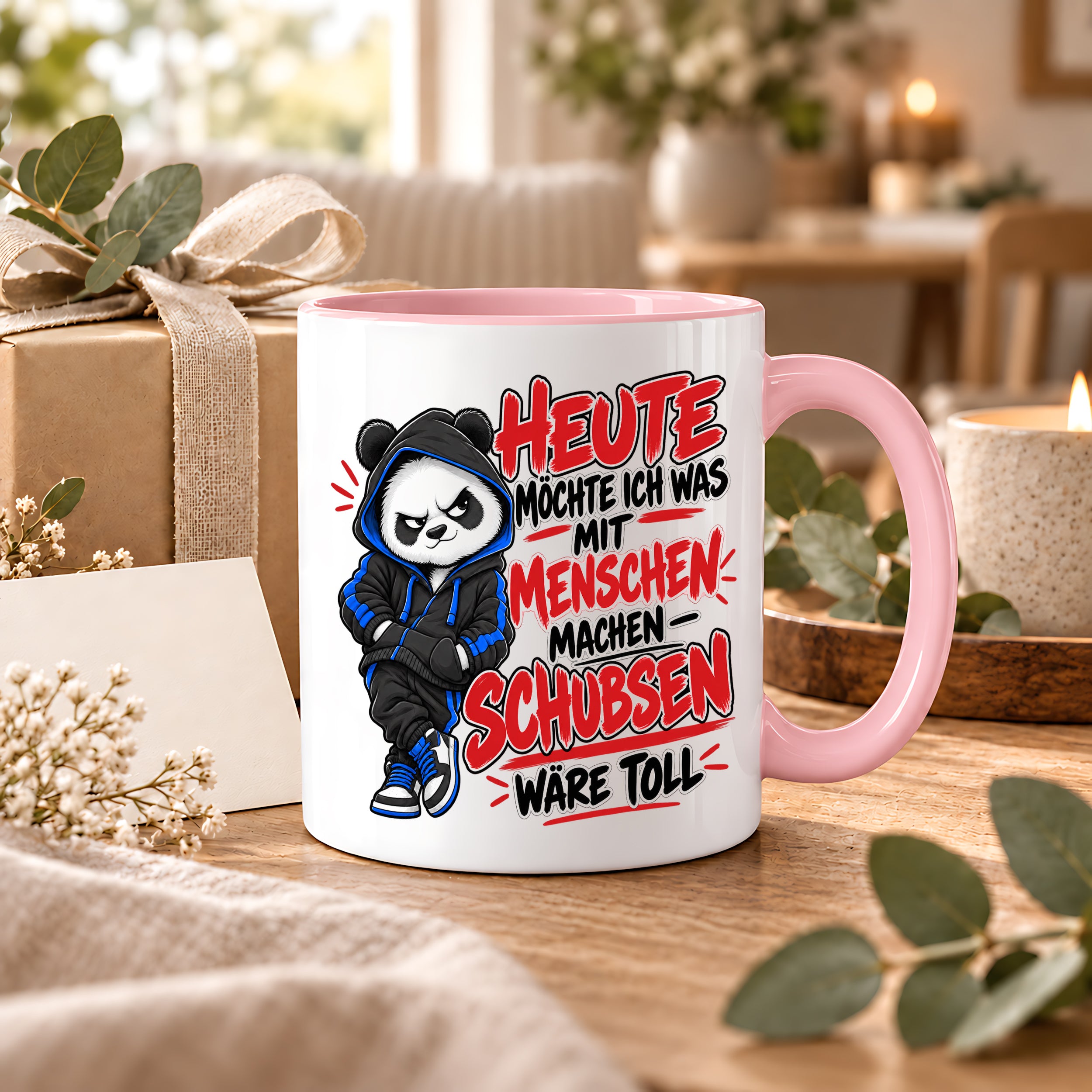 Herzbotschaft Tasse Menschen schubsen lustiger Panda Spruch 330 ml