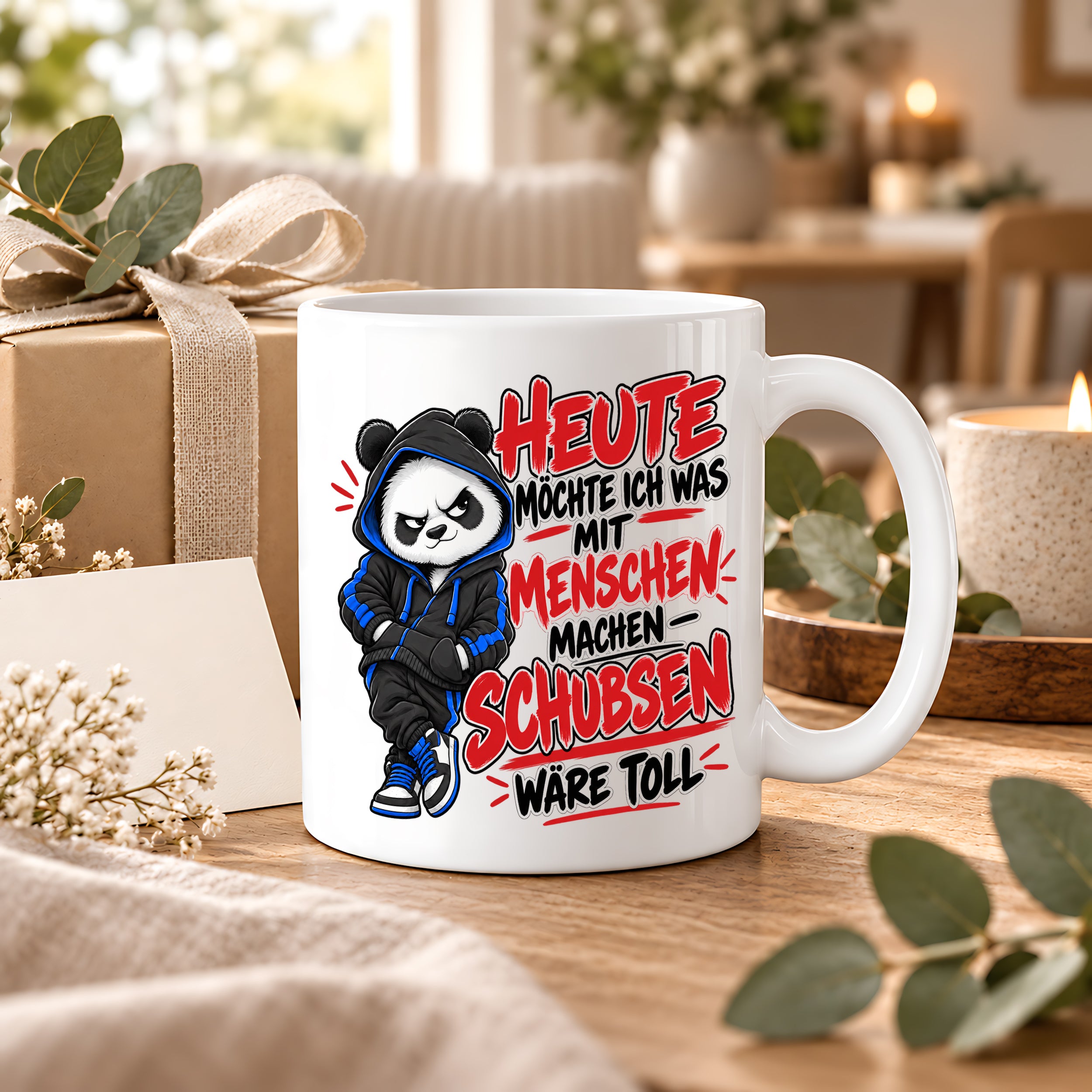 Herzbotschaft Tasse Menschen schubsen lustiger Panda Spruch 330 ml