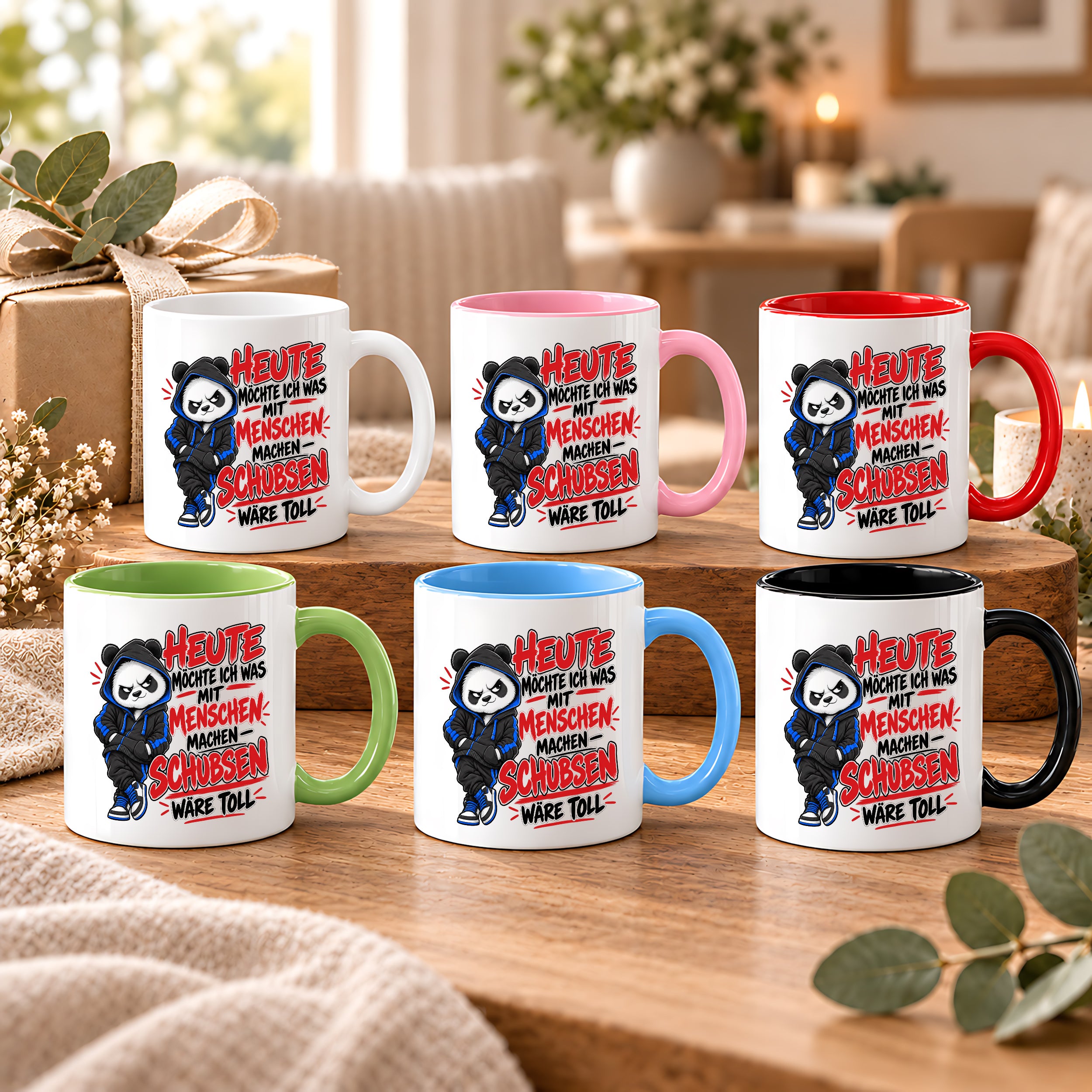 Herzbotschaft Tasse Menschen schubsen lustiger Panda Spruch 330 ml
