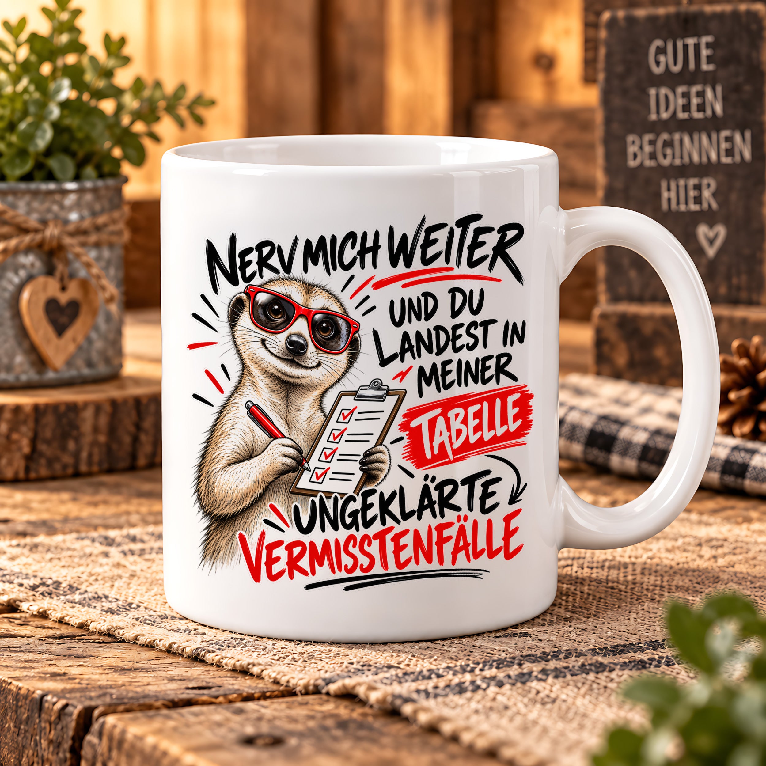 Herzbotschaft Tasse Nerv mich weiter – Lustige Erdmännchen Tasse Geschenk