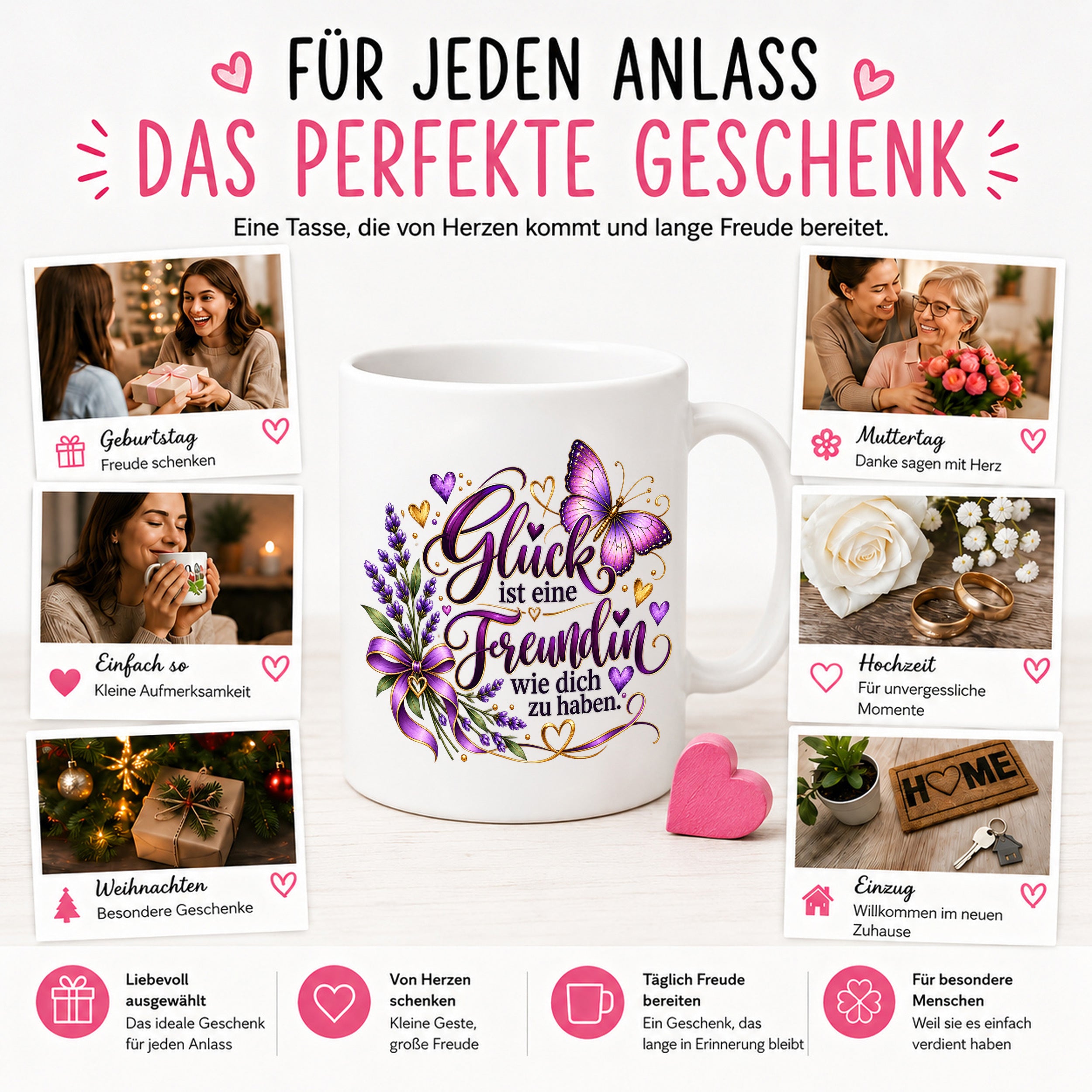 Herzbotschaft Tasse Freundin – Glück ist eine Freundin wie dich zu haben