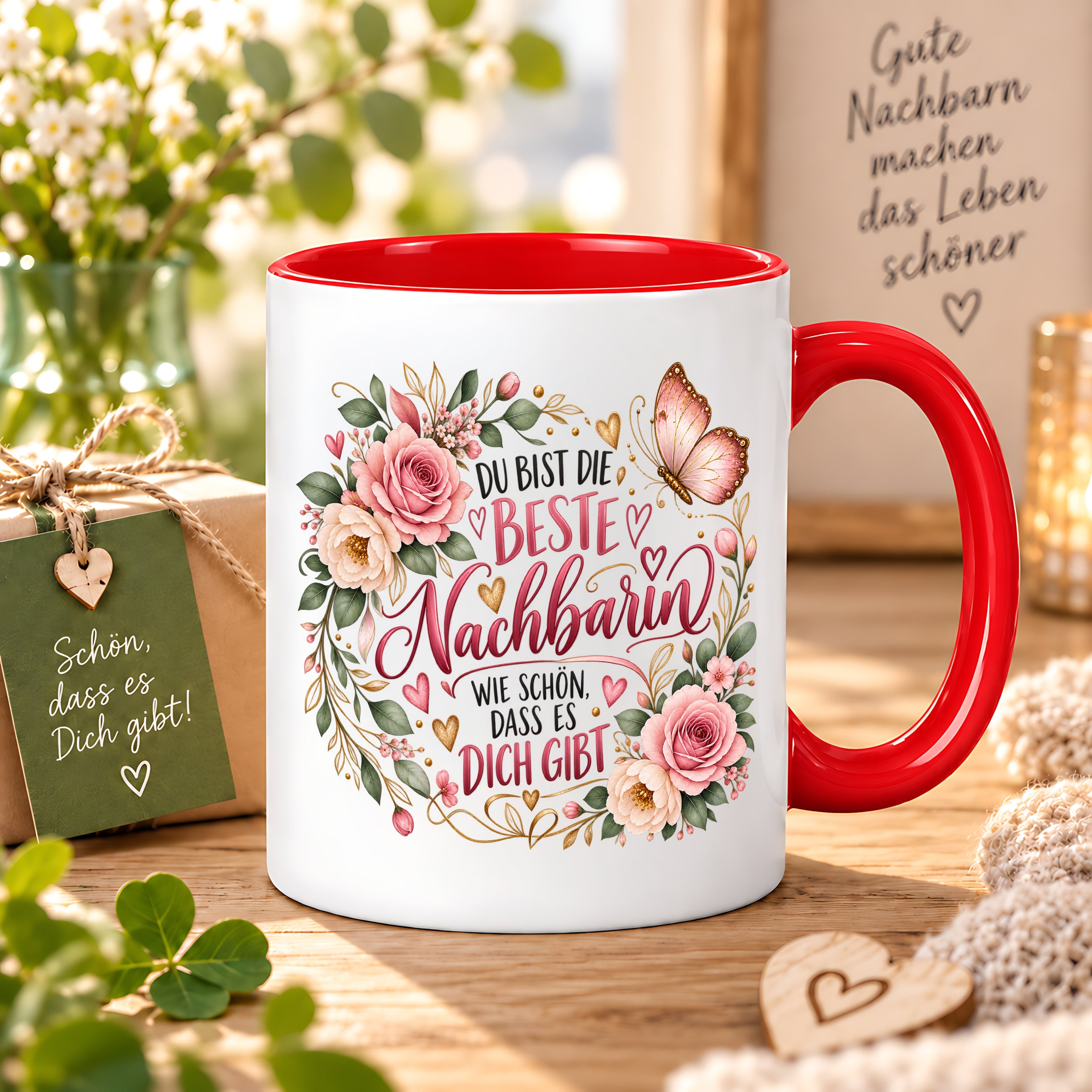 Herzbotschaft Tasse Beste Nachbarin – Schön, dass es dich gibt – Geschenk