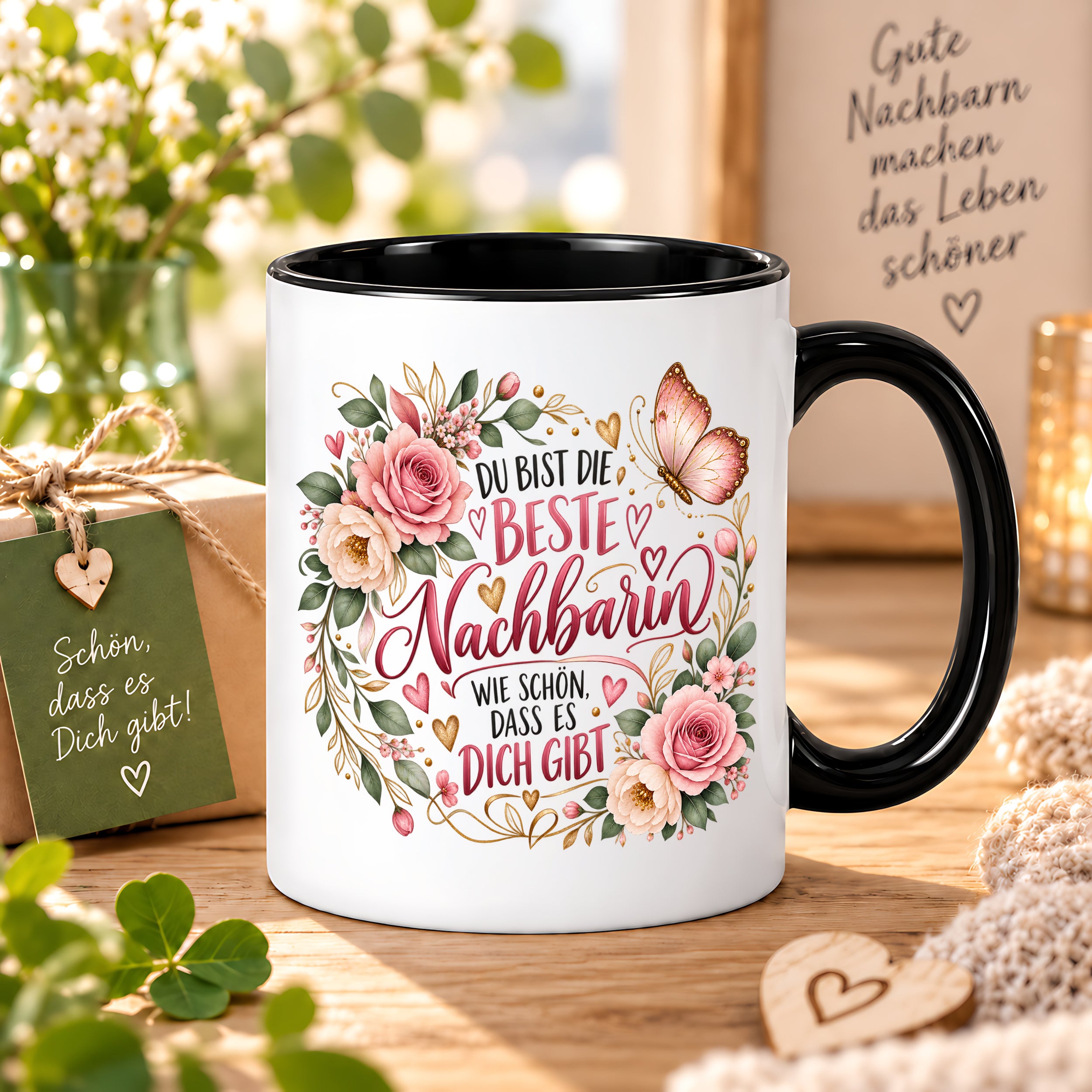 Herzbotschaft Tasse Beste Nachbarin – Schön, dass es dich gibt – Geschenk