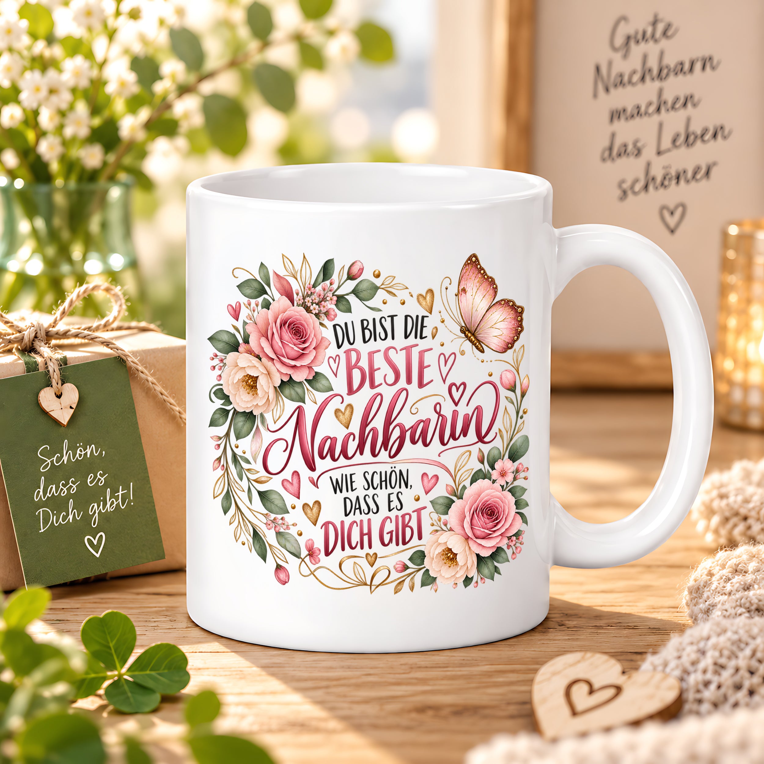 Herzbotschaft Tasse Beste Nachbarin – Schön, dass es dich gibt – Geschenk