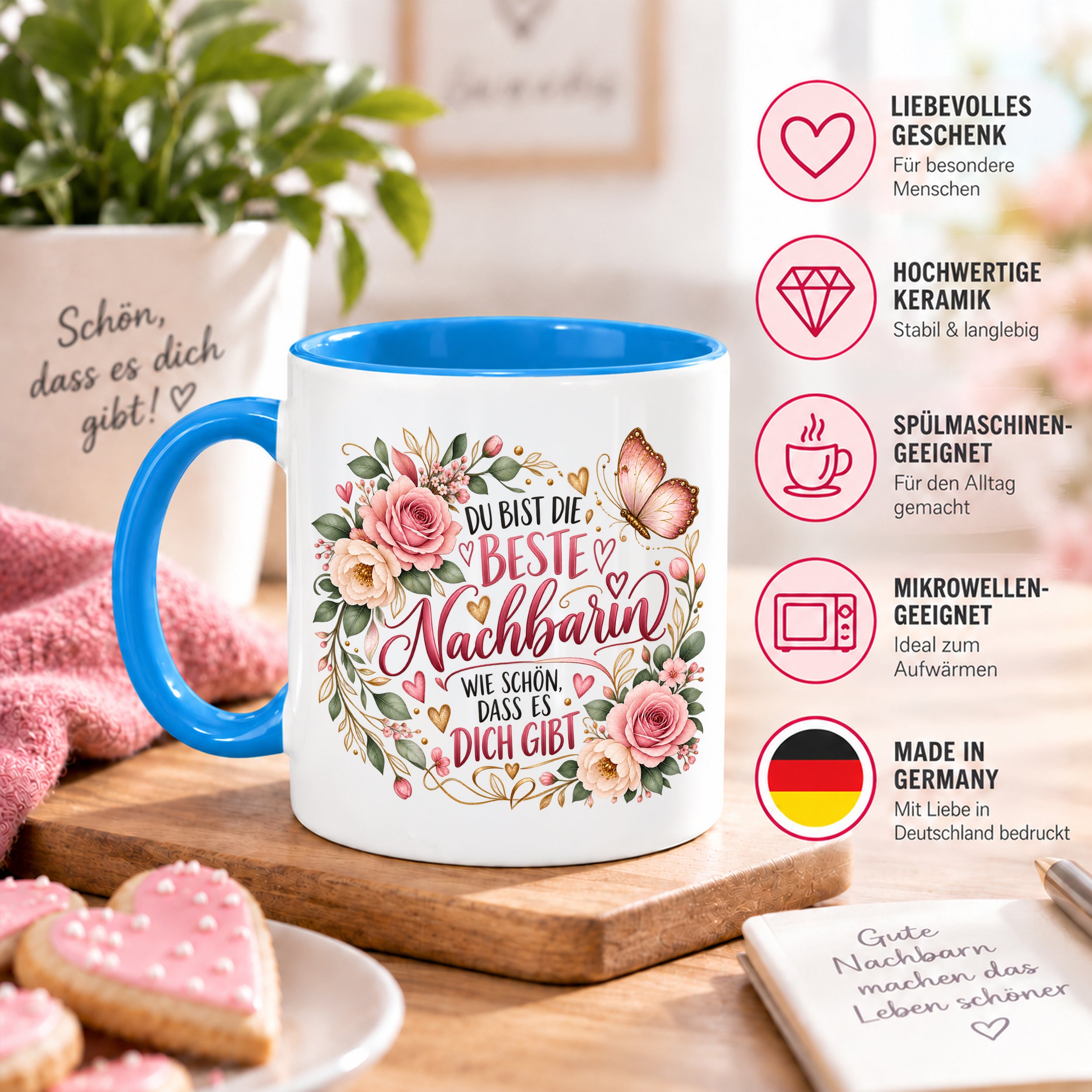Herzbotschaft Tasse Beste Nachbarin – Schön, dass es dich gibt – Geschenk