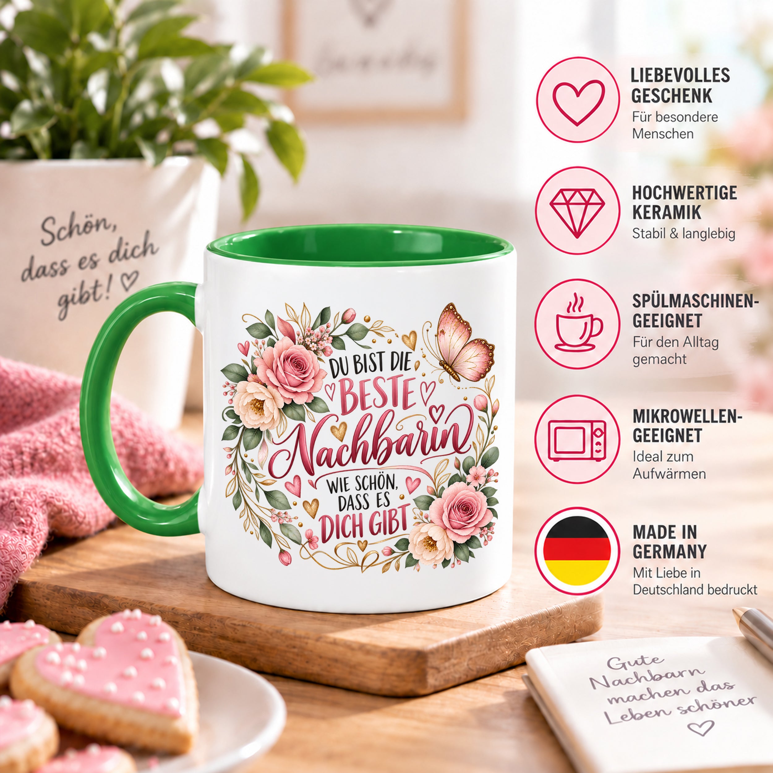 Herzbotschaft Tasse Beste Nachbarin – Schön, dass es dich gibt – Geschenk