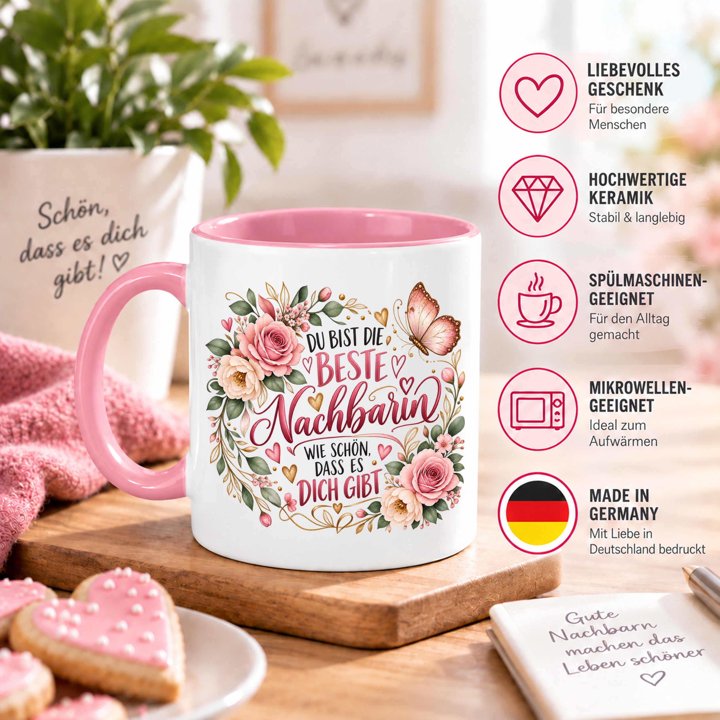 Herzbotschaft Tasse Beste Nachbarin – Schön, dass es dich gibt – Geschenk