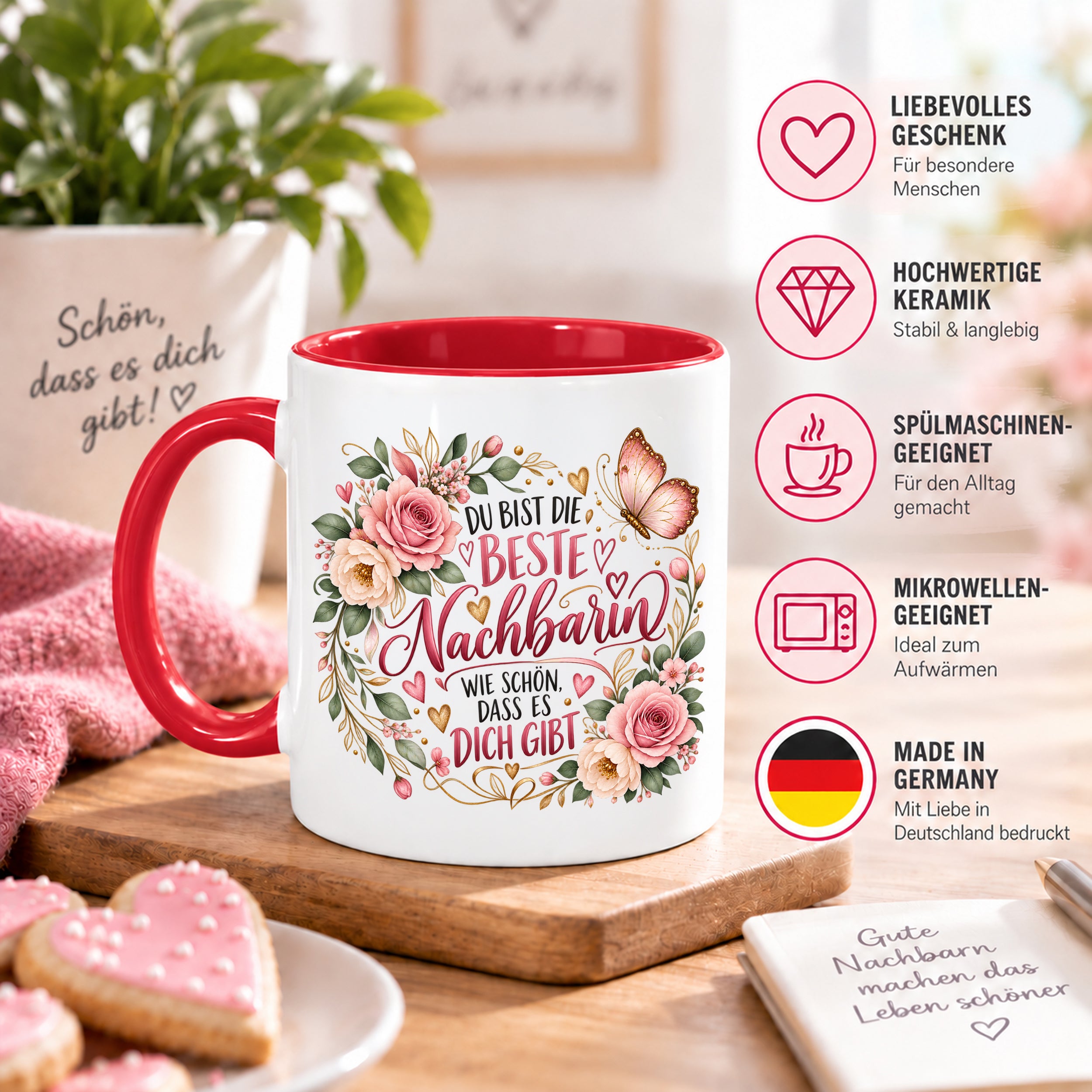 Herzbotschaft Tasse Beste Nachbarin – Schön, dass es dich gibt – Geschenk