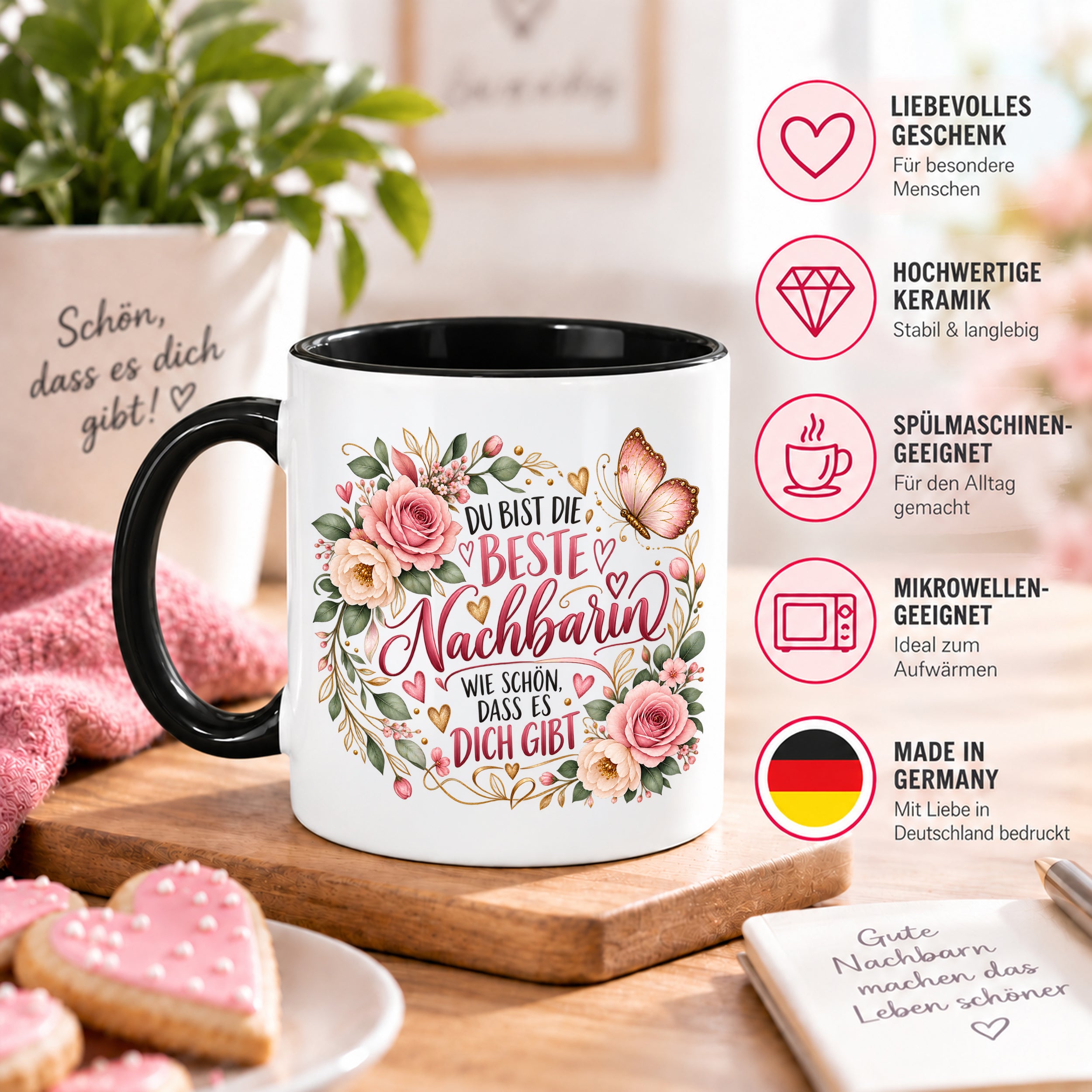 Herzbotschaft Tasse Beste Nachbarin – Schön, dass es dich gibt – Geschenk