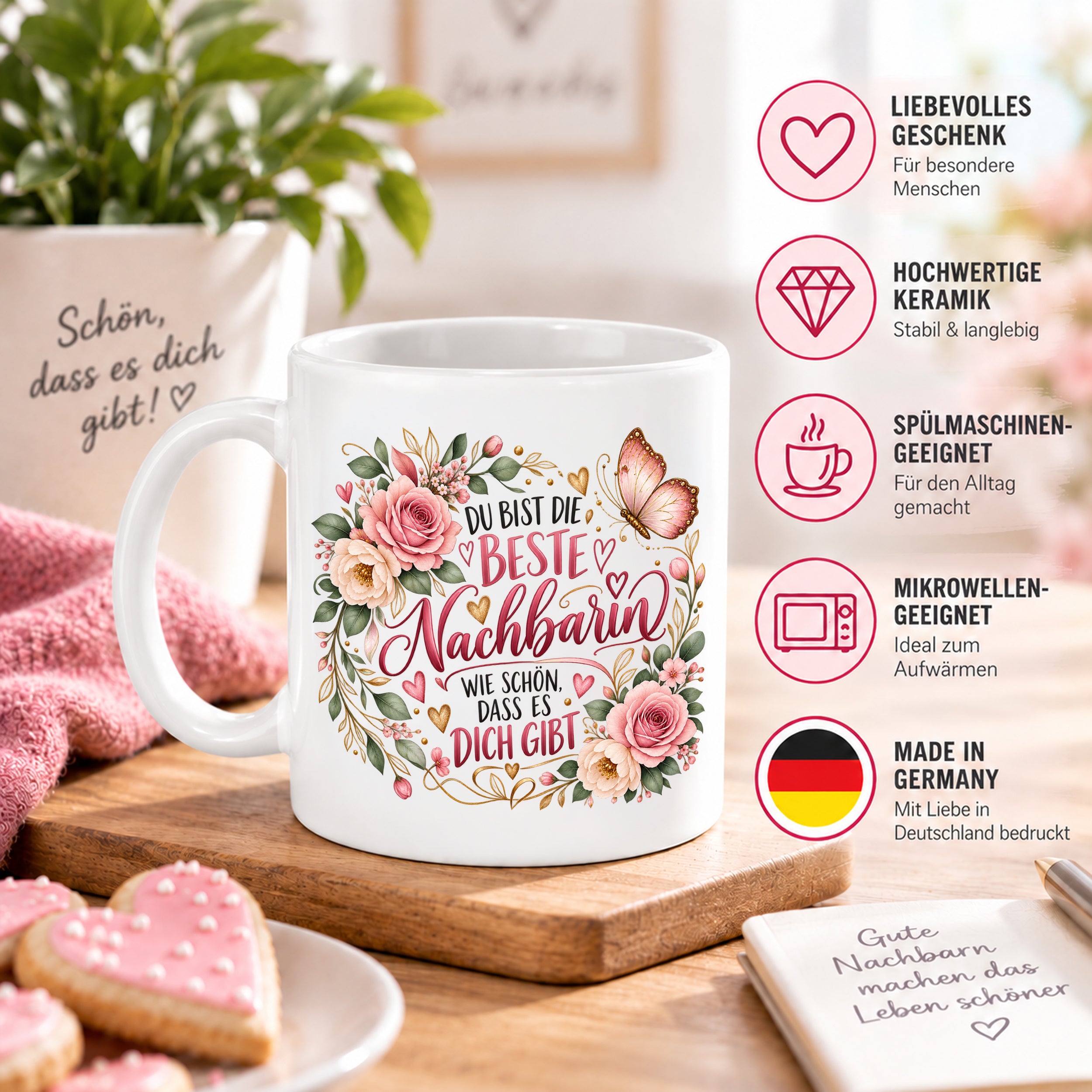 Herzbotschaft Tasse Beste Nachbarin – Schön, dass es dich gibt – Geschenk