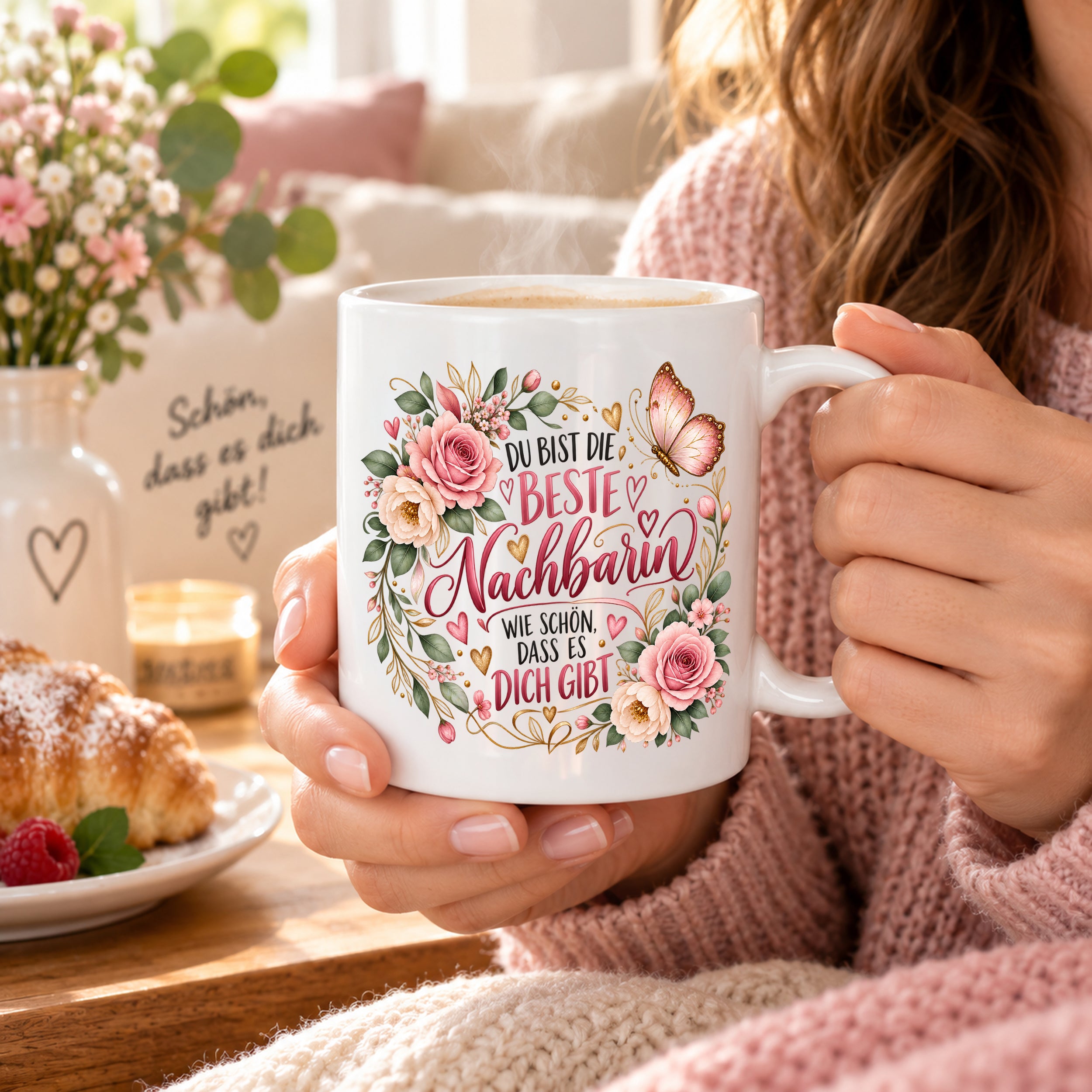 Herzbotschaft Tasse Beste Nachbarin – Schön, dass es dich gibt – Geschenk