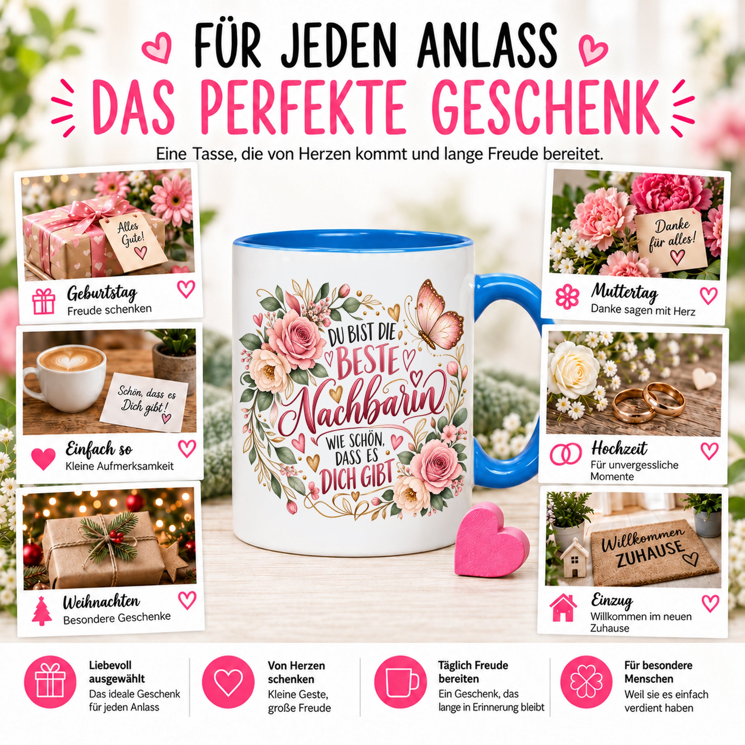 Herzbotschaft Tasse Beste Nachbarin – Schön, dass es dich gibt – Geschenk
