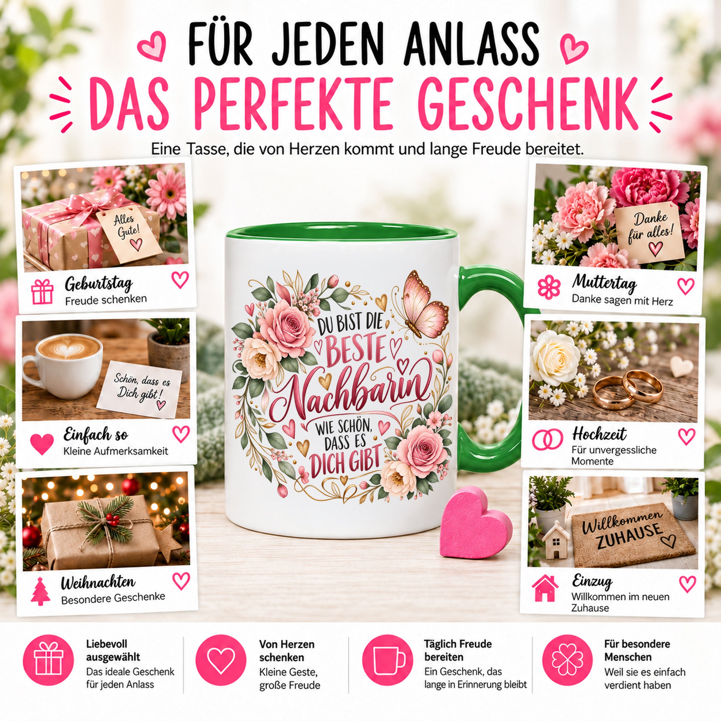 Herzbotschaft Tasse Beste Nachbarin – Schön, dass es dich gibt – Geschenk