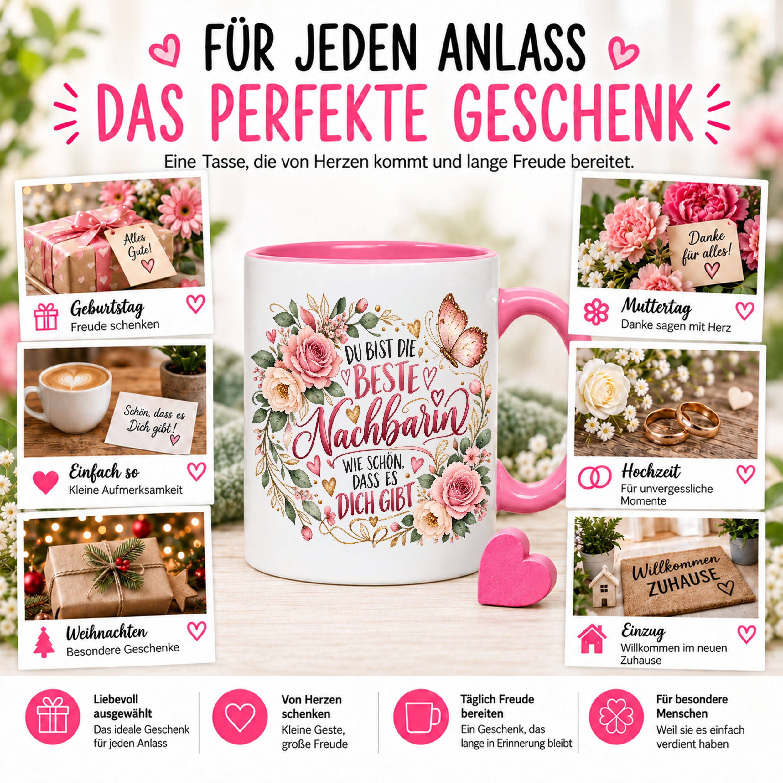 Herzbotschaft Tasse Beste Nachbarin – Schön, dass es dich gibt – Geschenk