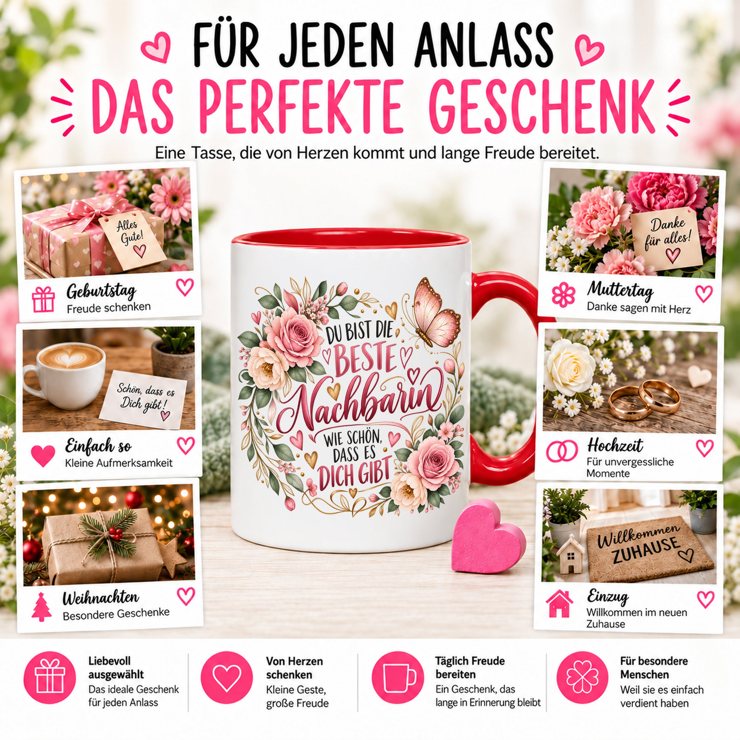 Herzbotschaft Tasse Beste Nachbarin – Schön, dass es dich gibt – Geschenk