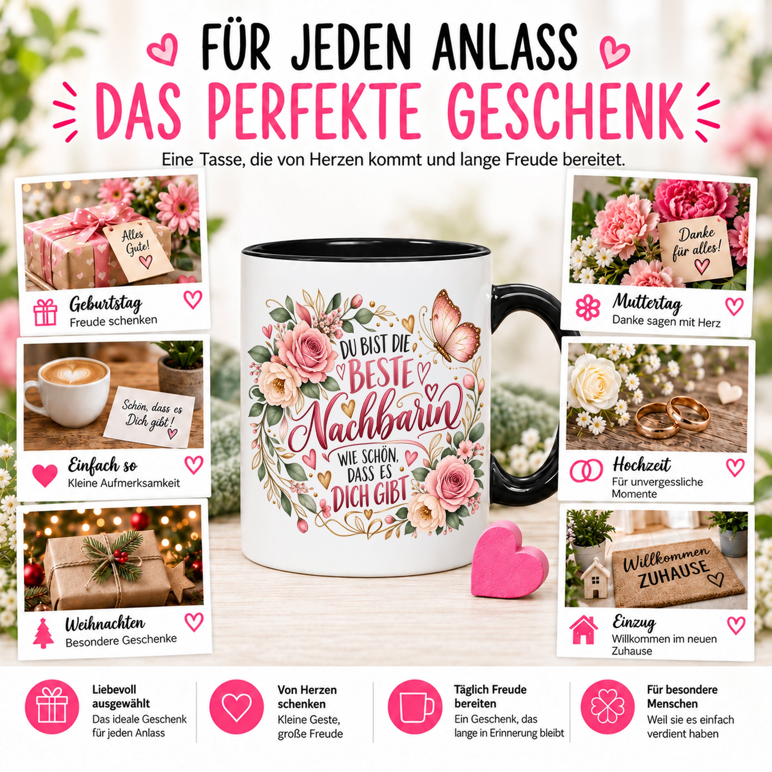 Herzbotschaft Tasse Beste Nachbarin – Schön, dass es dich gibt – Geschenk