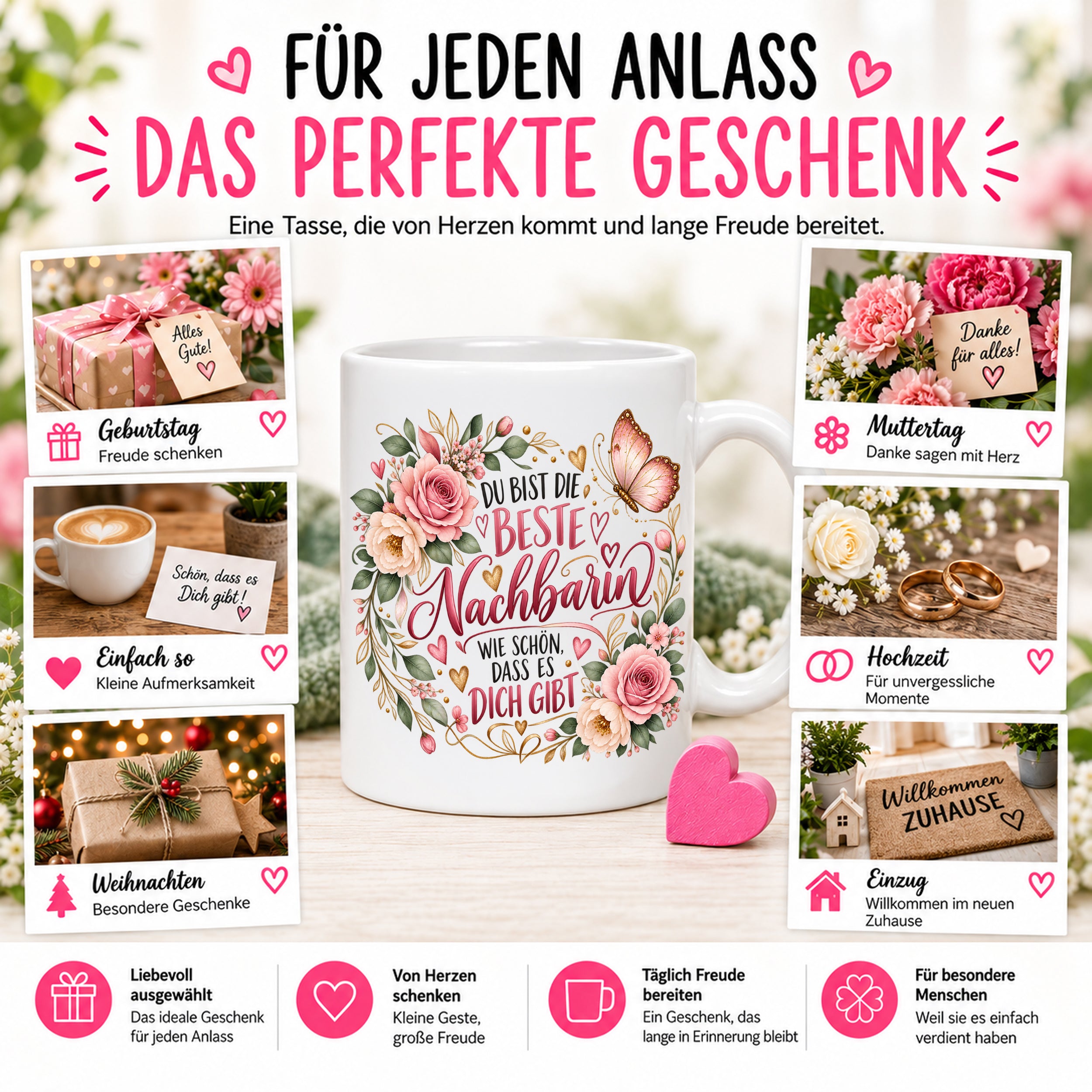 Herzbotschaft Tasse Beste Nachbarin – Schön, dass es dich gibt – Geschenk