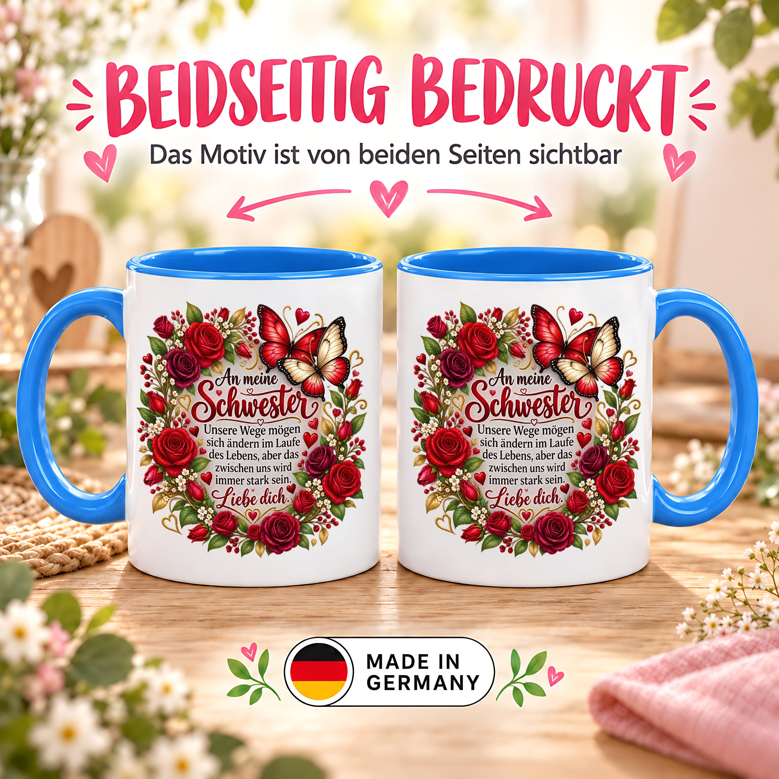 Herzbotschaft Tasse Schwester – Unsere Wege mögen sich ändern – Geschenk