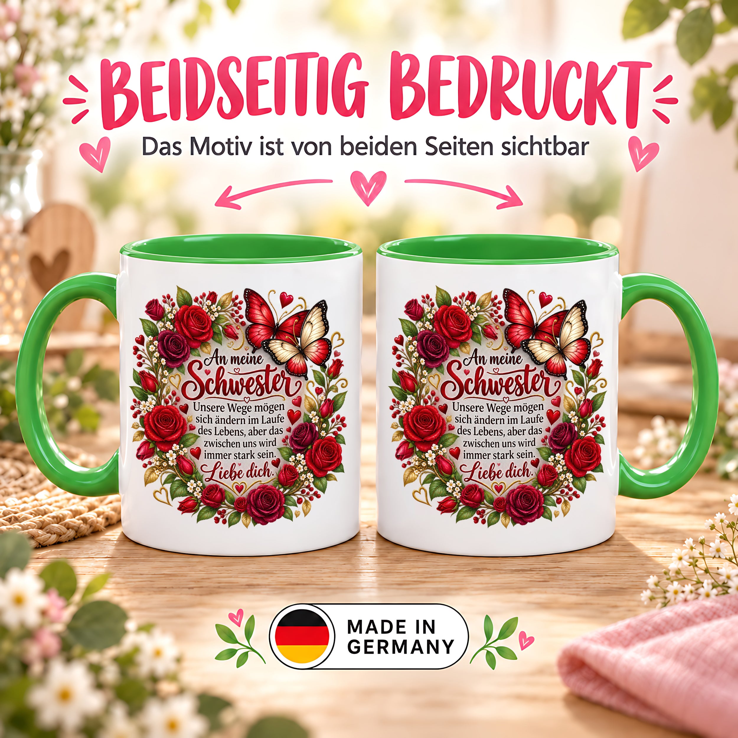 Herzbotschaft Tasse Schwester – Unsere Wege mögen sich ändern – Geschenk