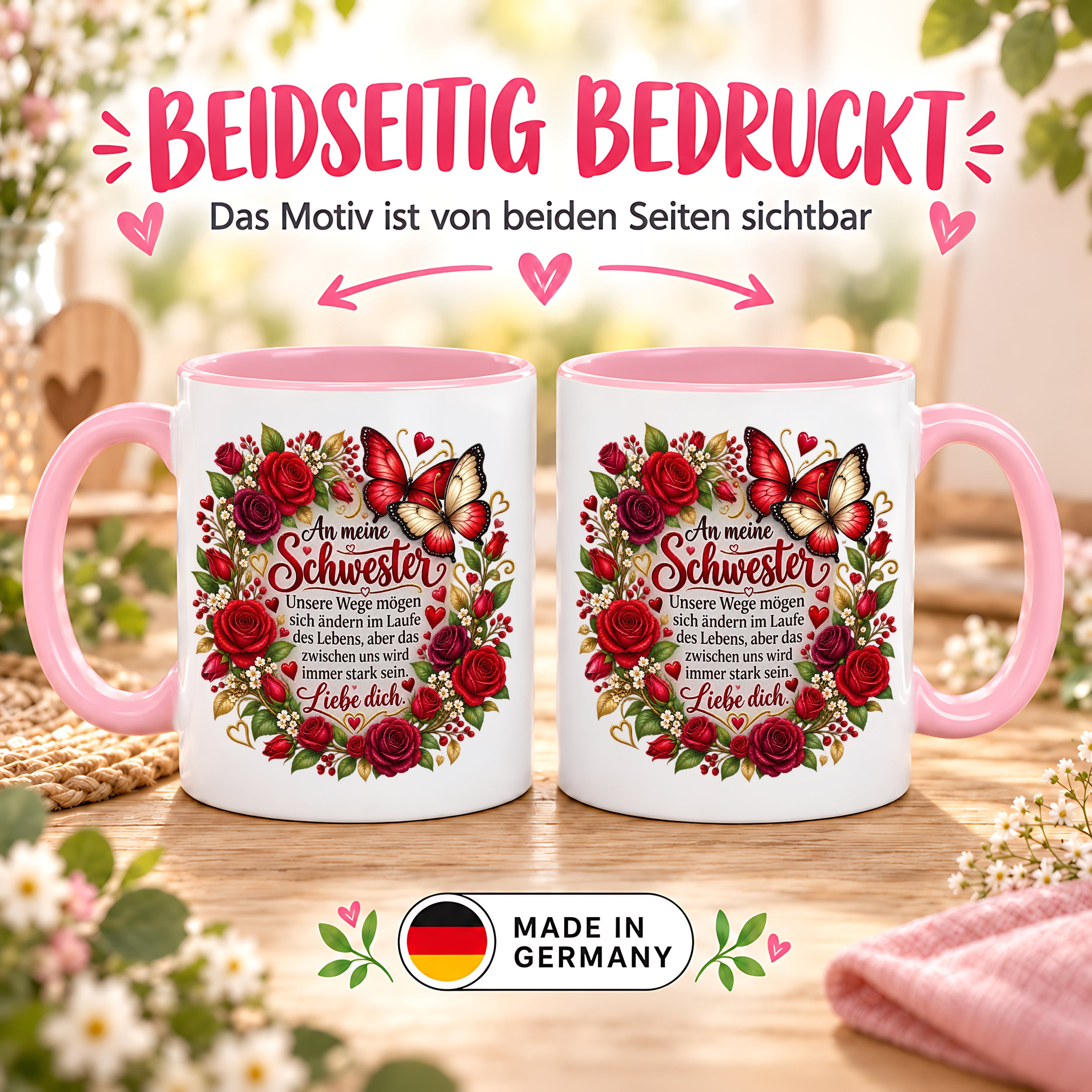 Herzbotschaft Tasse Schwester – Unsere Wege mögen sich ändern – Geschenk