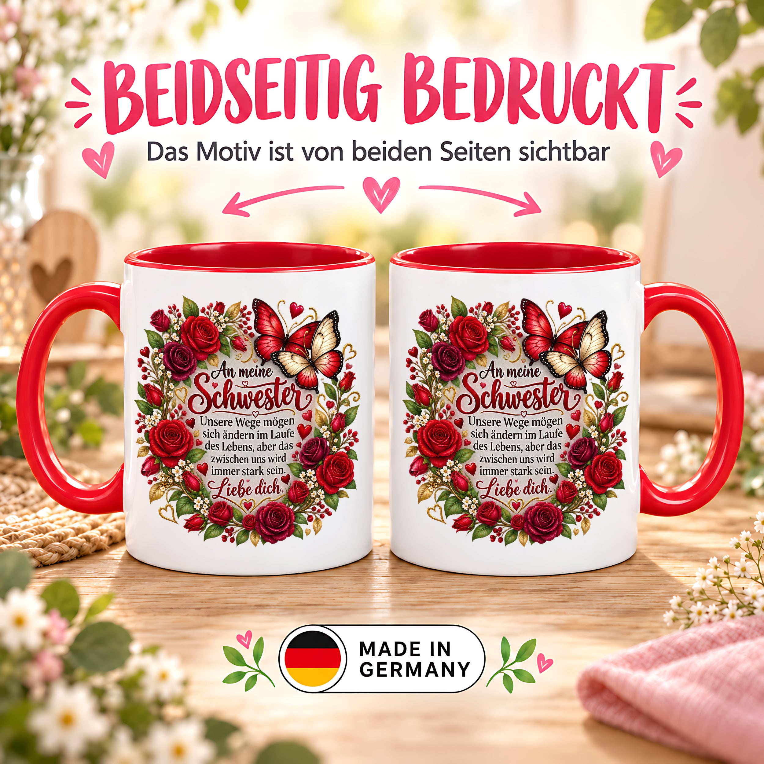 Herzbotschaft Tasse Schwester – Unsere Wege mögen sich ändern – Geschenk