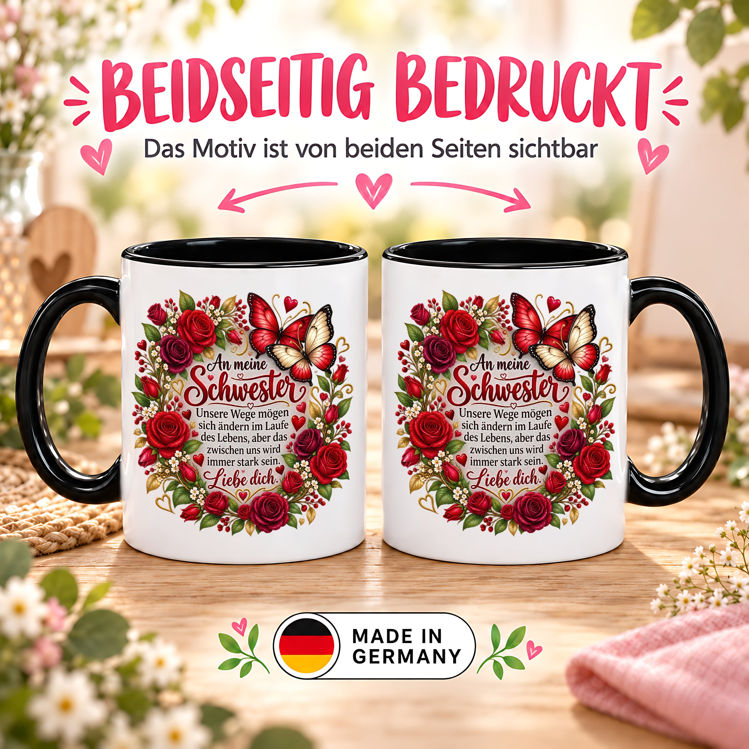 Herzbotschaft Tasse Schwester – Unsere Wege mögen sich ändern – Geschenk