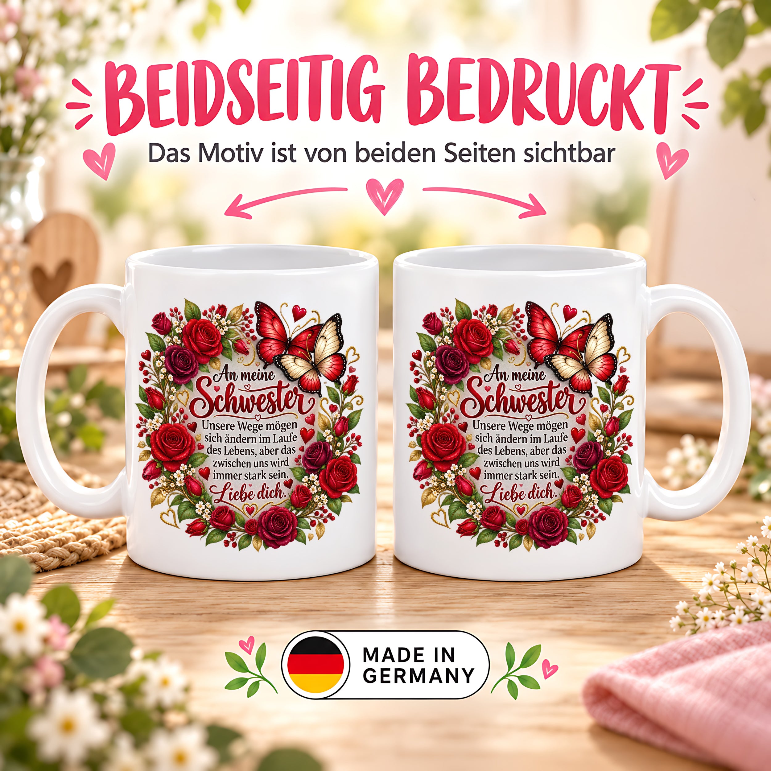 Herzbotschaft Tasse Schwester – Unsere Wege mögen sich ändern – Geschenk