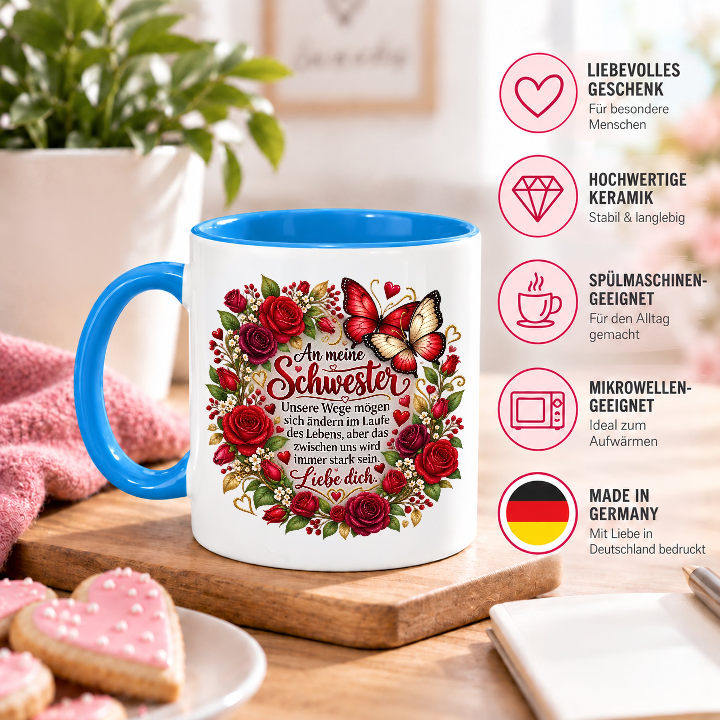 Herzbotschaft Tasse Schwester – Unsere Wege mögen sich ändern – Geschenk