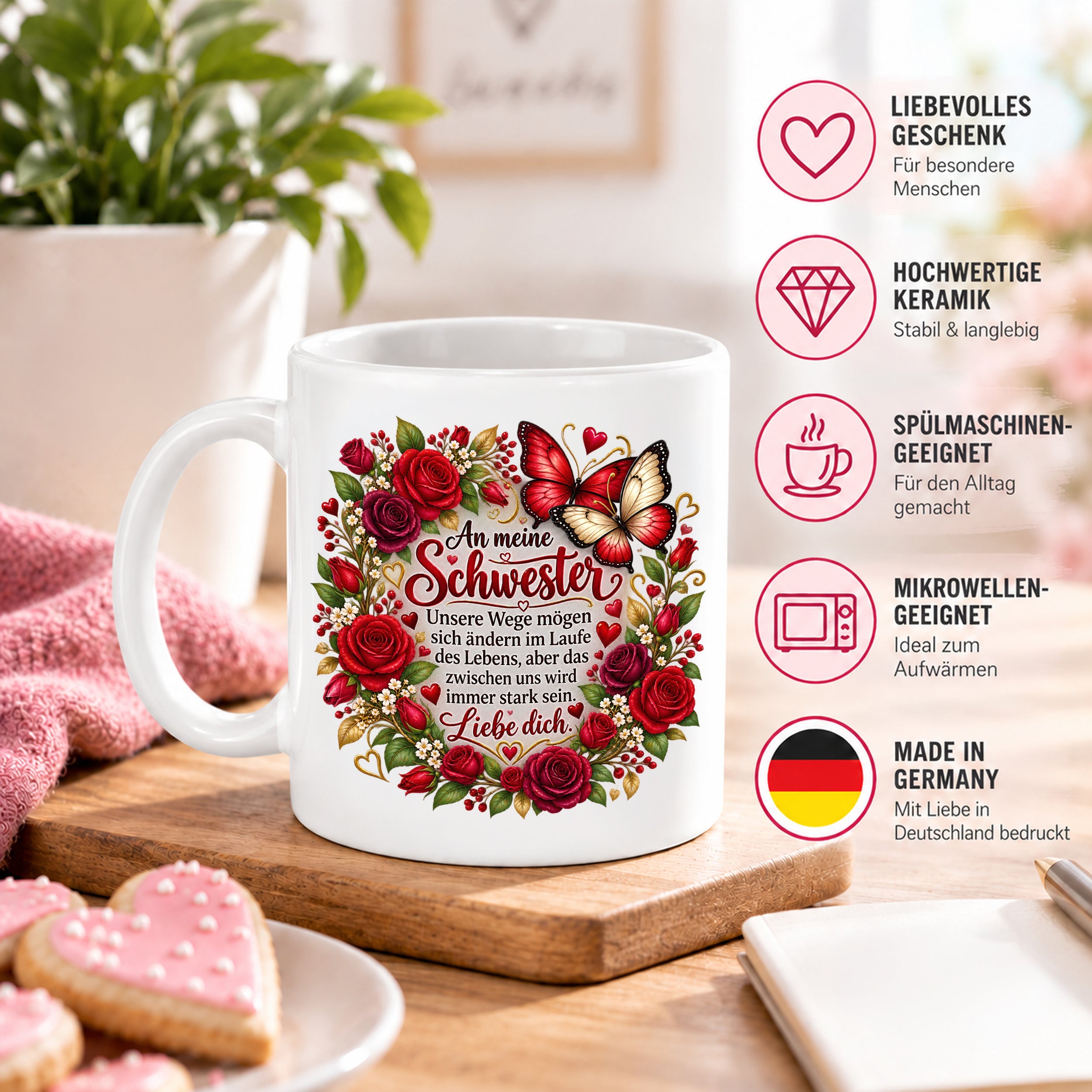 Herzbotschaft Tasse Schwester – Unsere Wege mögen sich ändern – Geschenk