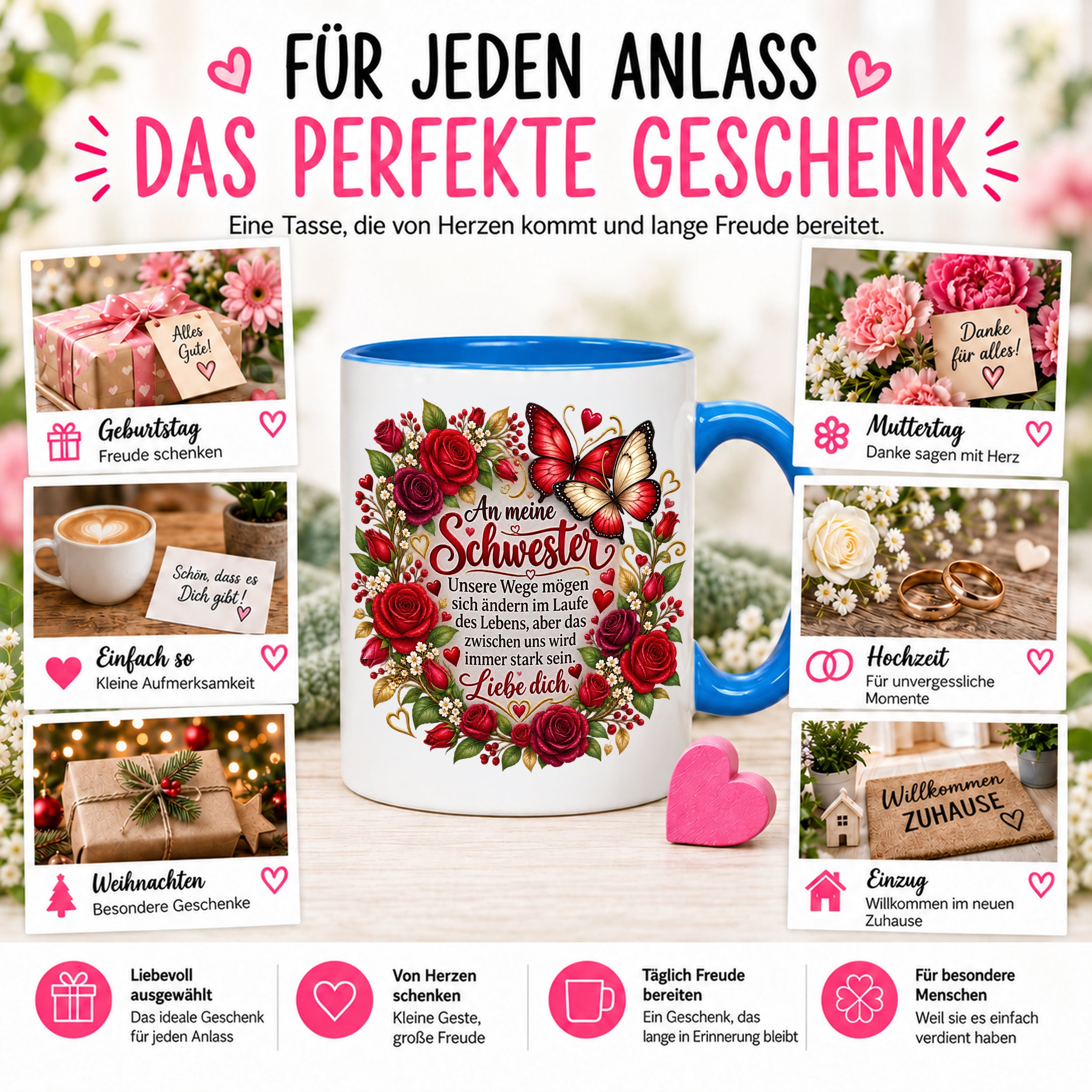 Herzbotschaft Tasse Schwester – Unsere Wege mögen sich ändern – Geschenk