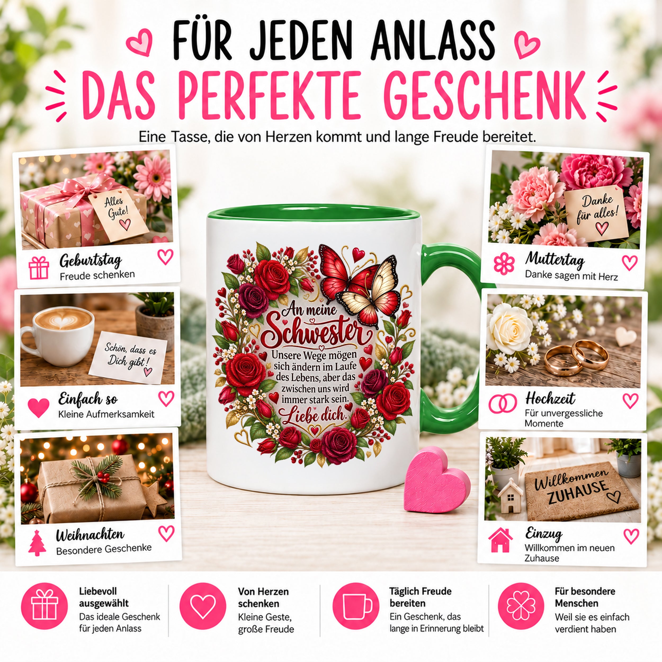 Herzbotschaft Tasse Schwester – Unsere Wege mögen sich ändern – Geschenk
