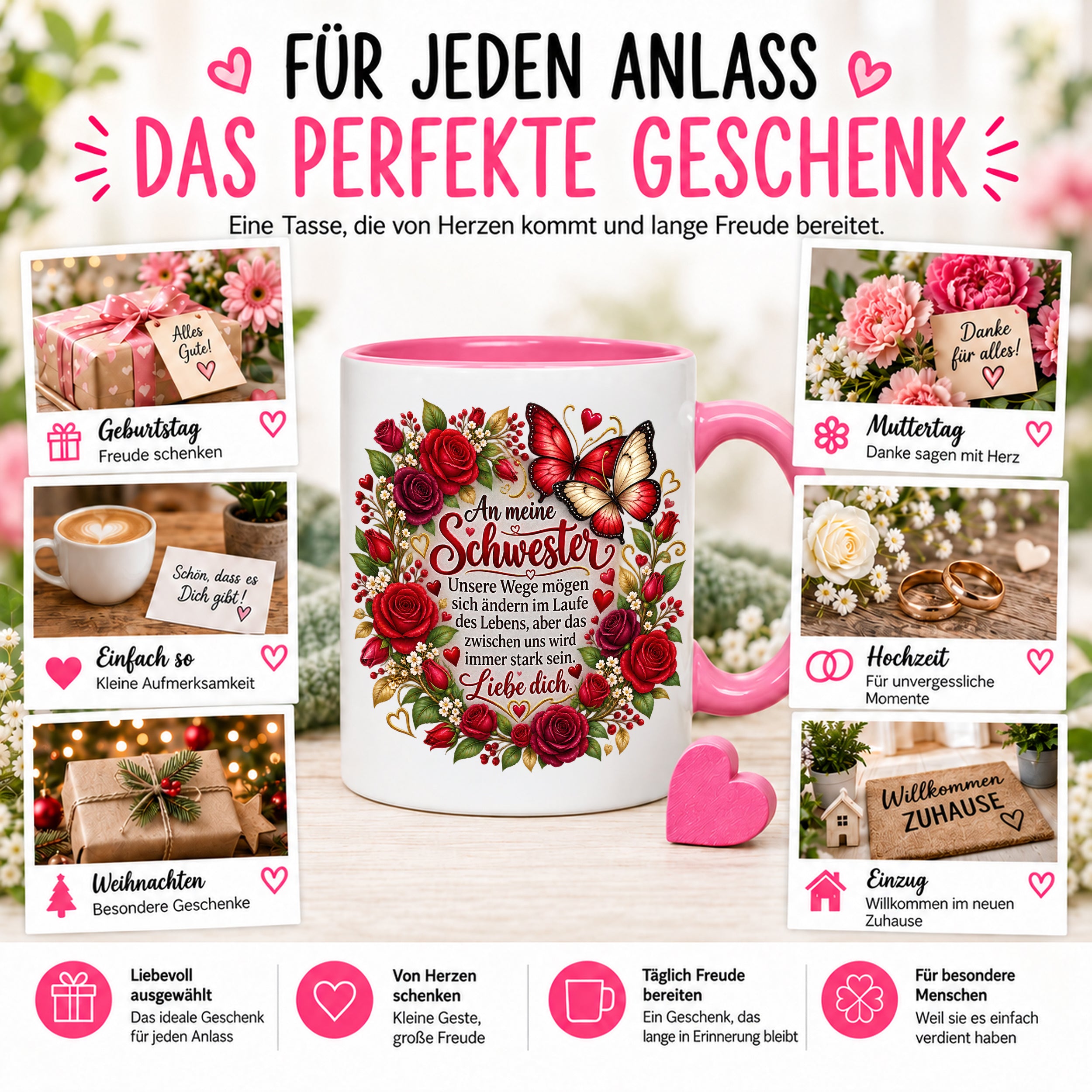 Herzbotschaft Tasse Schwester – Unsere Wege mögen sich ändern – Geschenk