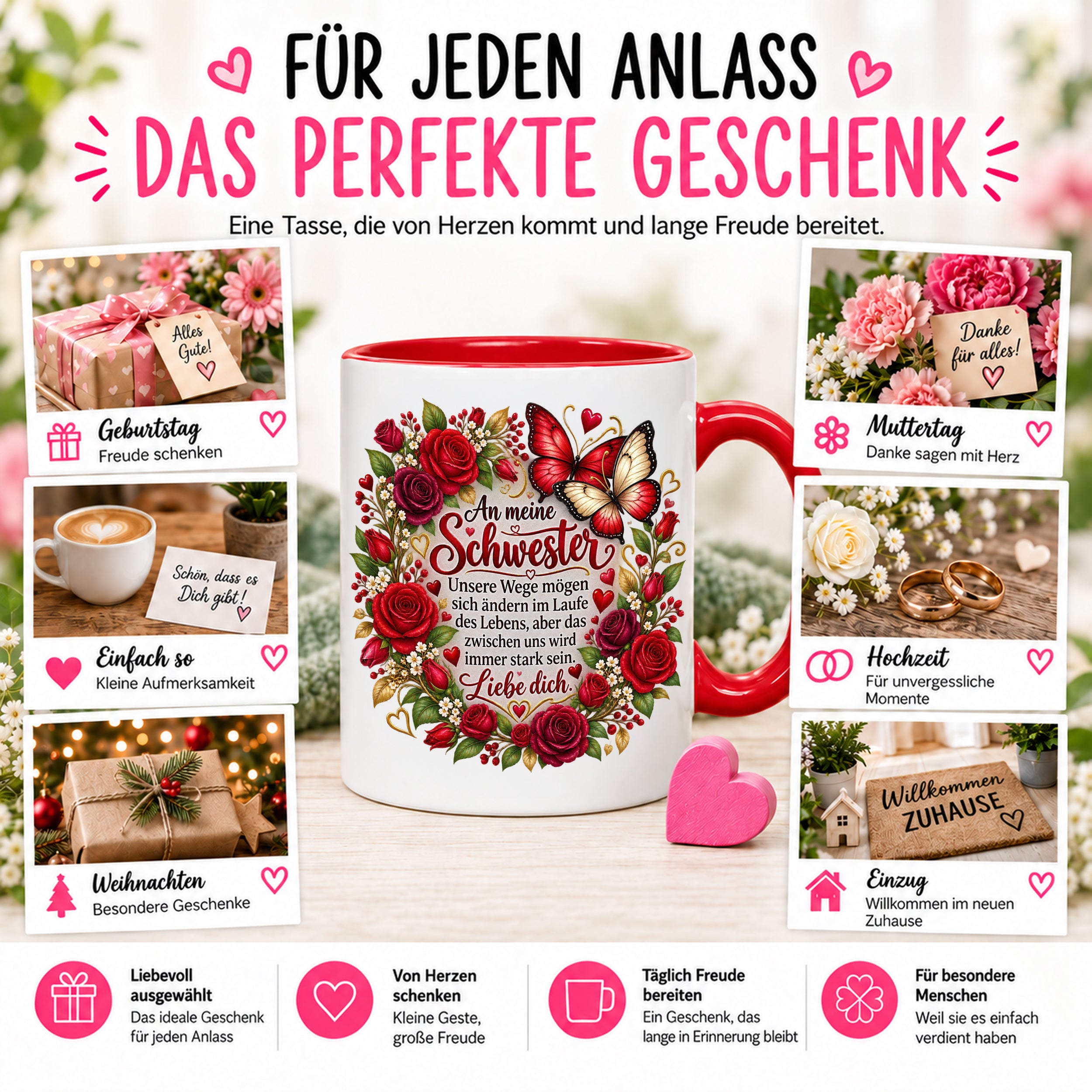 Herzbotschaft Tasse Schwester – Unsere Wege mögen sich ändern – Geschenk