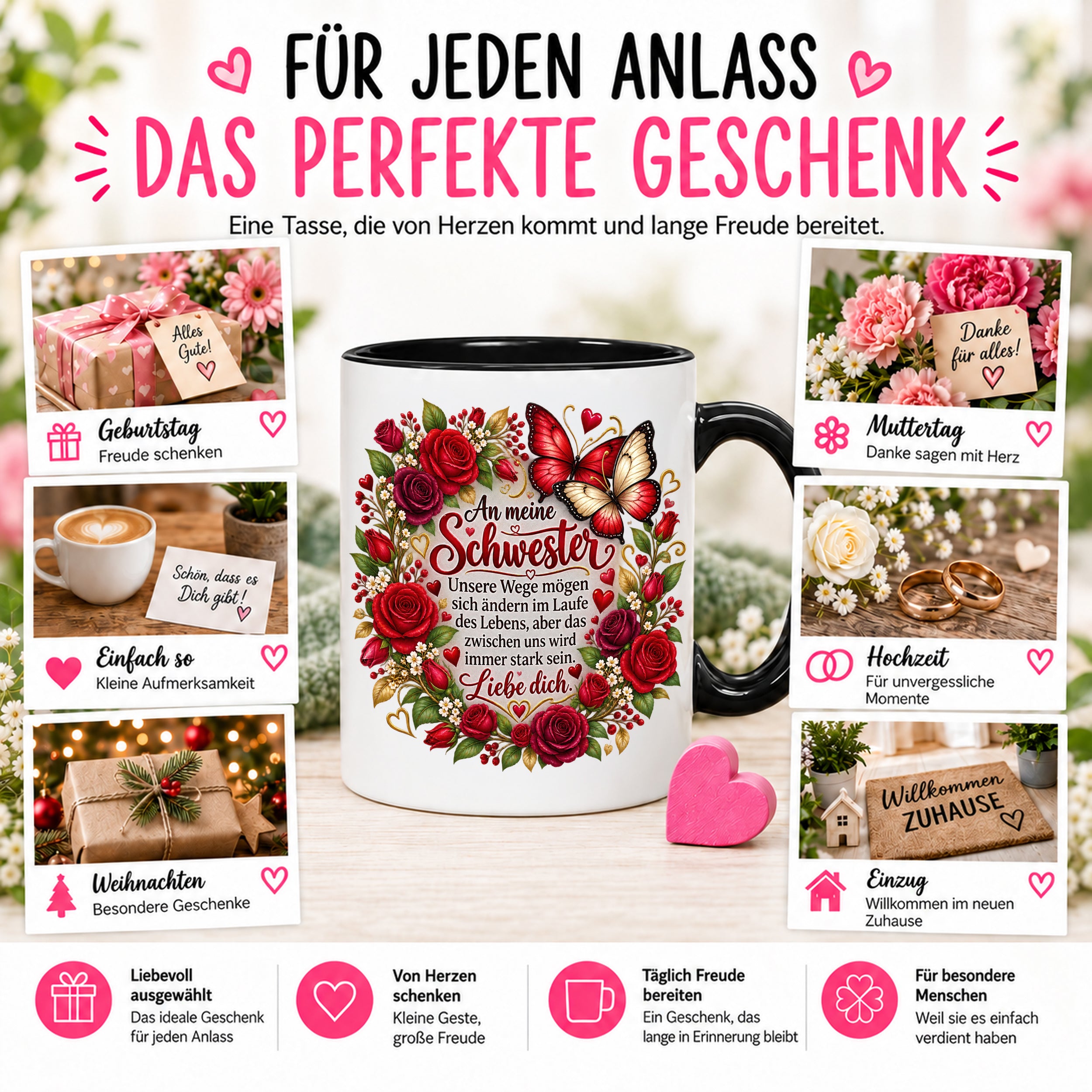 Herzbotschaft Tasse Schwester – Unsere Wege mögen sich ändern – Geschenk