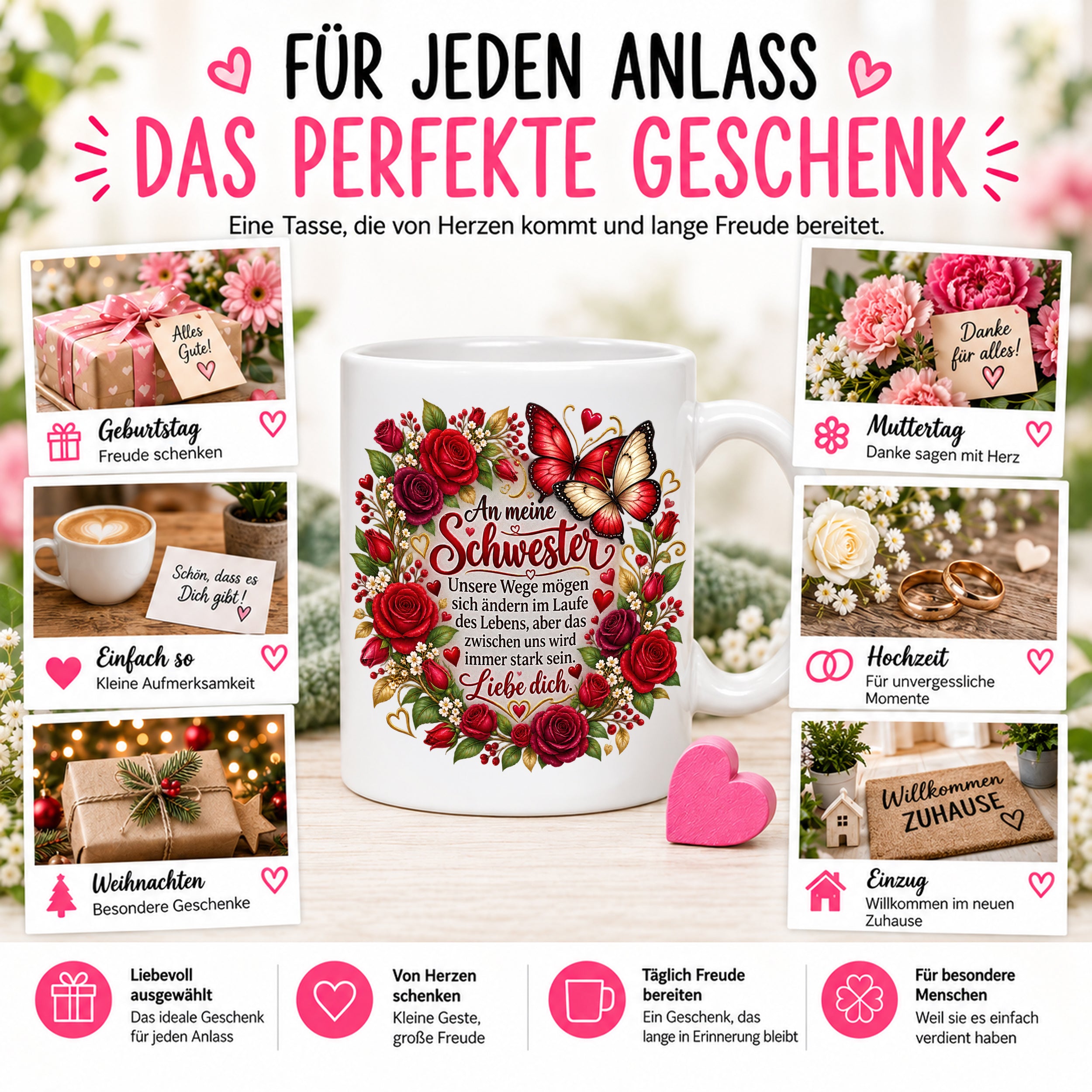 Herzbotschaft Tasse Schwester – Unsere Wege mögen sich ändern – Geschenk