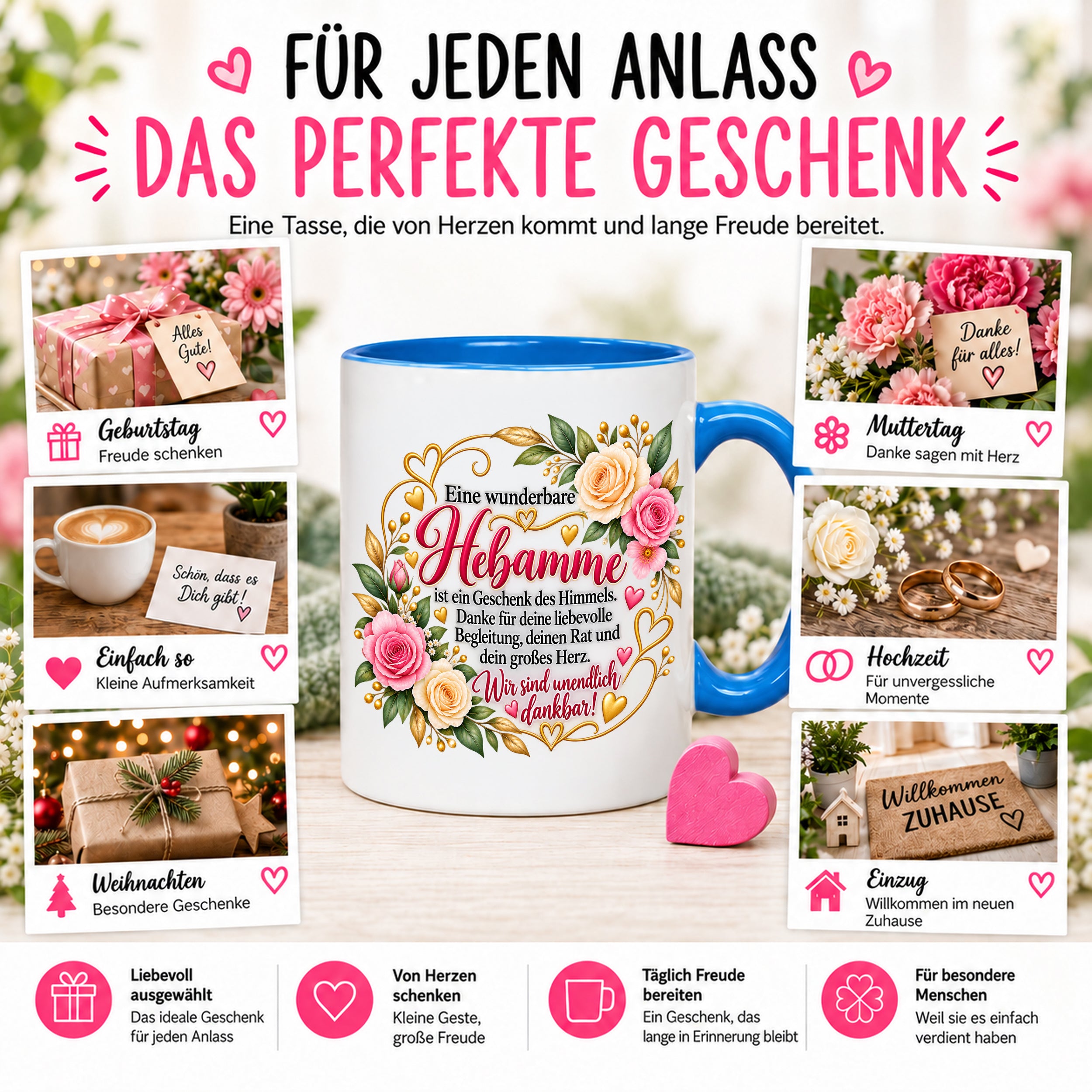 Herzbotschaft Tasse Hebamme – Geschenk des Himmels – Dankeschön Geschenk