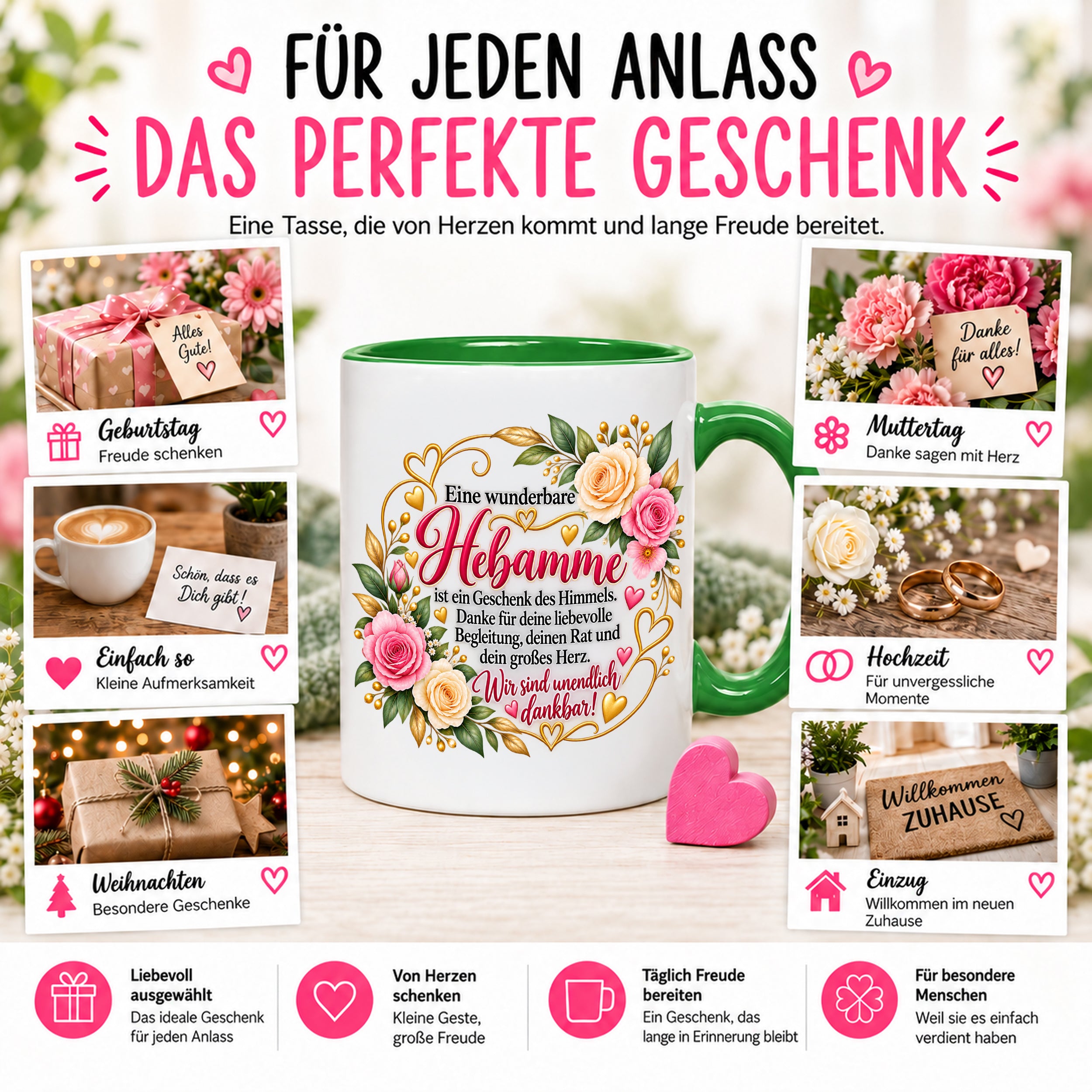 Herzbotschaft Tasse Hebamme – Geschenk des Himmels – Dankeschön Geschenk
